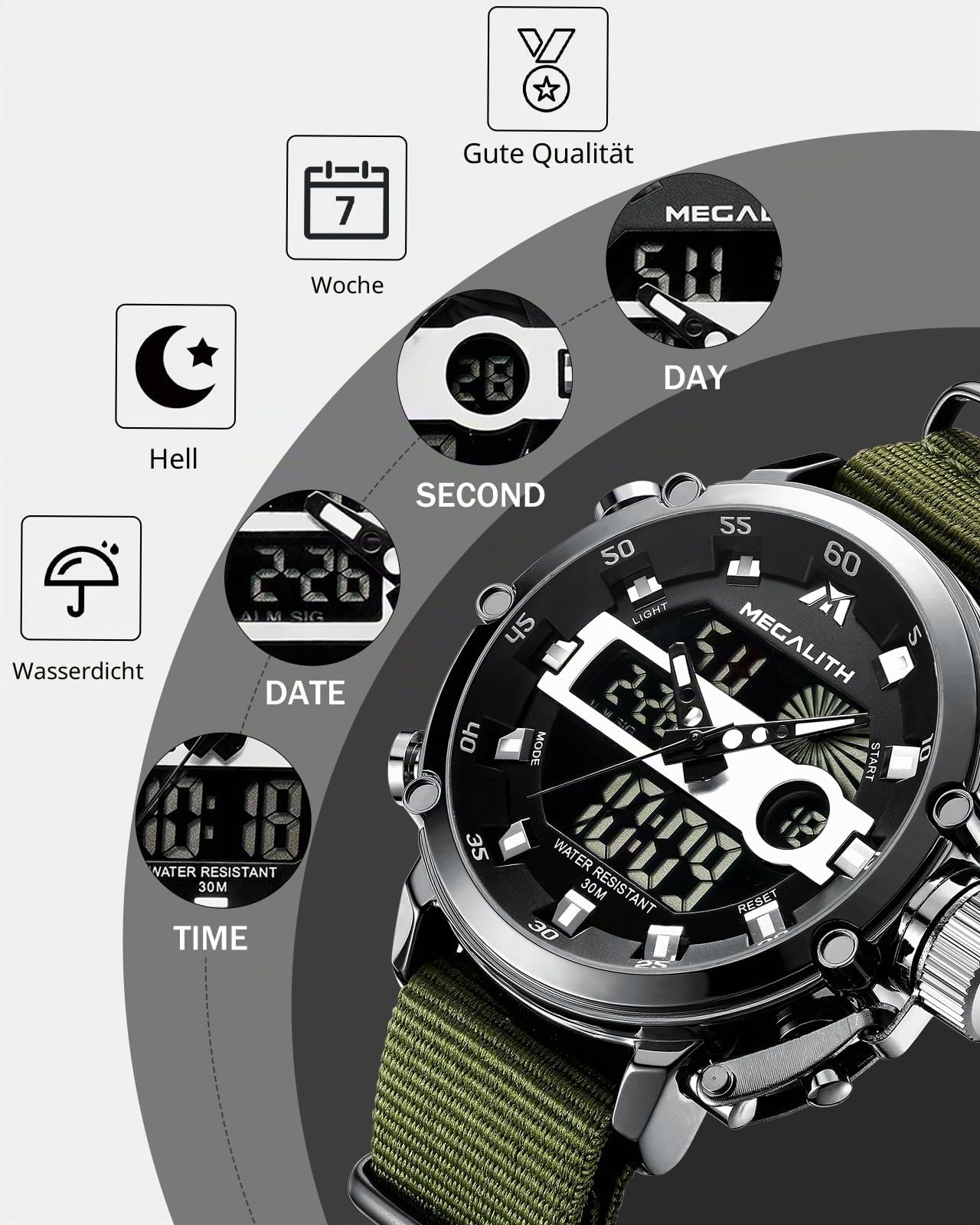 MEGALITH Herrenuhr Sportlich Militär Digitaluhr LED Groß Zifferblatt Uhren fur Männer - Digital Analog Armbanduhr Herren Wasserdicht Stoppuhr Wecker Kalender