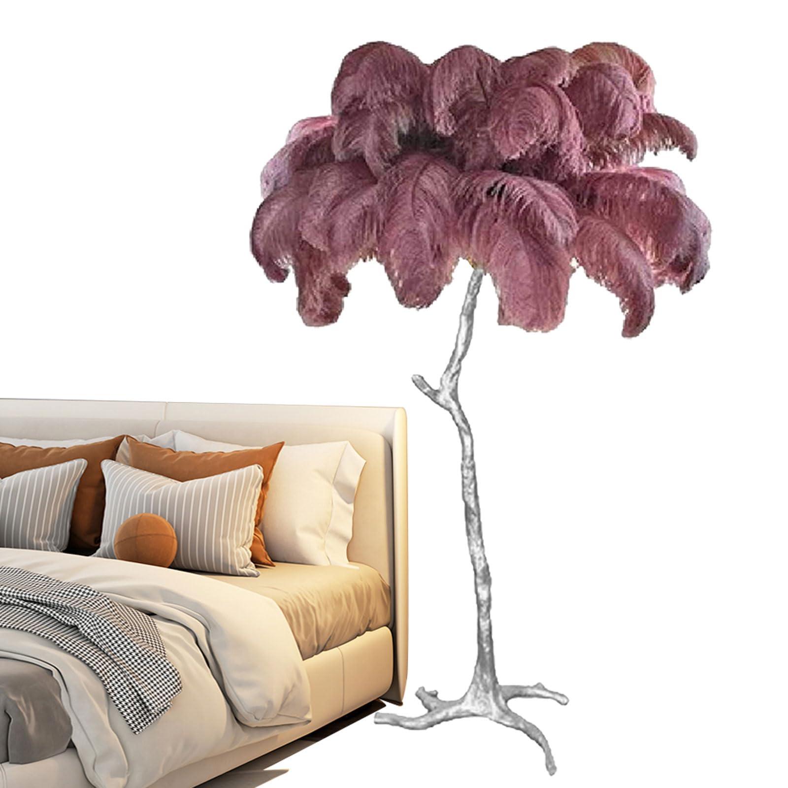 Modern Bedroom Standing Lamp, Natural Ostrich Feather Lamp Romantic Silver Floor Feather Lamps Decorative Lighting for Girl Bedroom