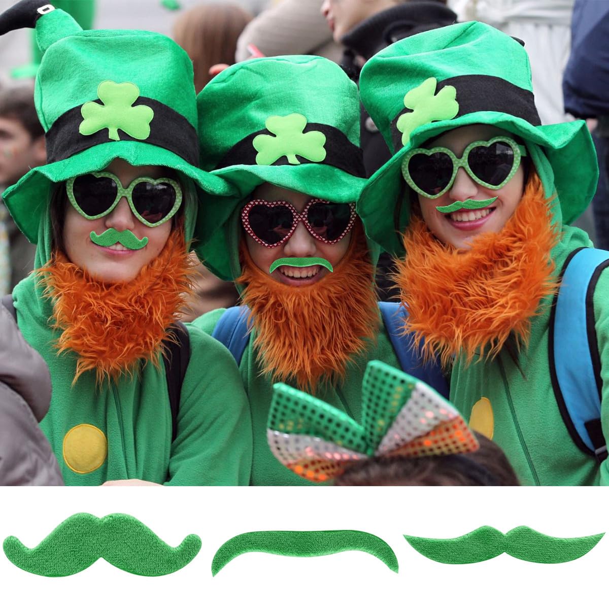 ULTECHNOVO Lot de 48 Fausses Moustaches Vertes Et Oranges pour La Saint-Patrick, Autocollantes, Accessoires de Fête.