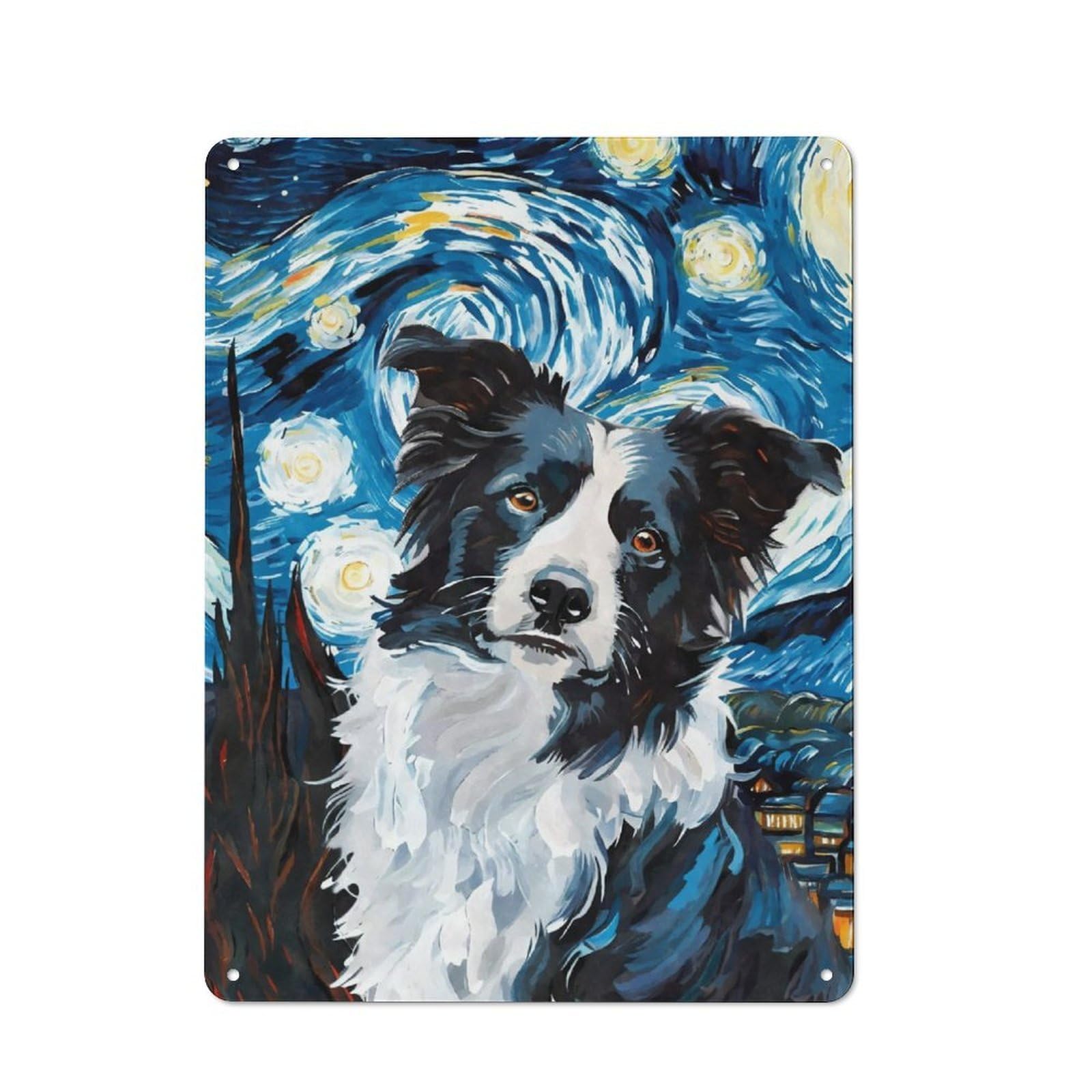 Junmoney Border Collie Starry Night Vintage Metal Plaque 40X30cm Featuring For Pub Or Café, Suited To Café Interior Fans