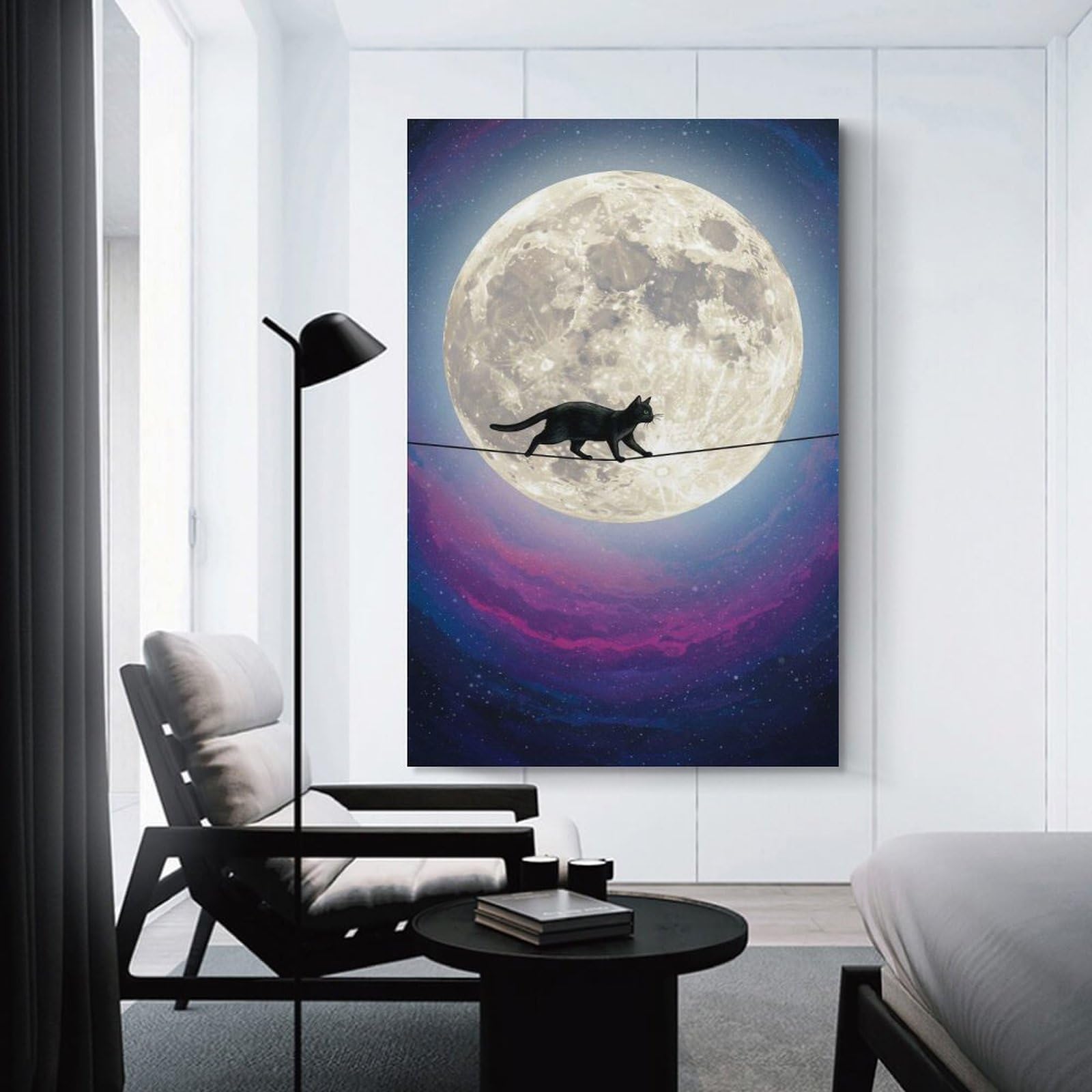 Junmoney Unframe-Style-19 Black Cat On Moon Canvas Wall Decor, 08X12inch(20X30cm), For Flats, Guest Rooms Or Compact Rooms, Decorative Canvas Decor For Home Updates