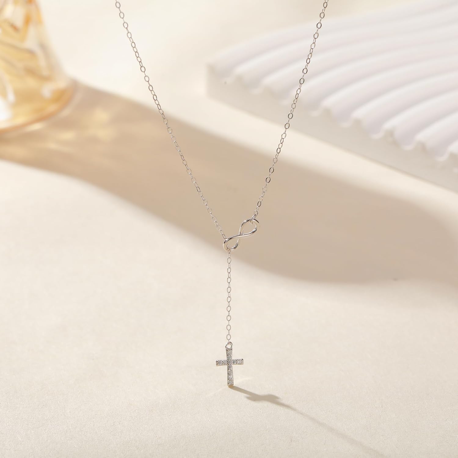 SUYACS 925 Sterling Silver Cross Infinity Necklaces for Women 18K Gold Plated CZ Lariat Pendant Necklace Dainty Y Christian Faith Chain Necklace Religious Easter Christmas Baptism Gifts for Mom - Image 5