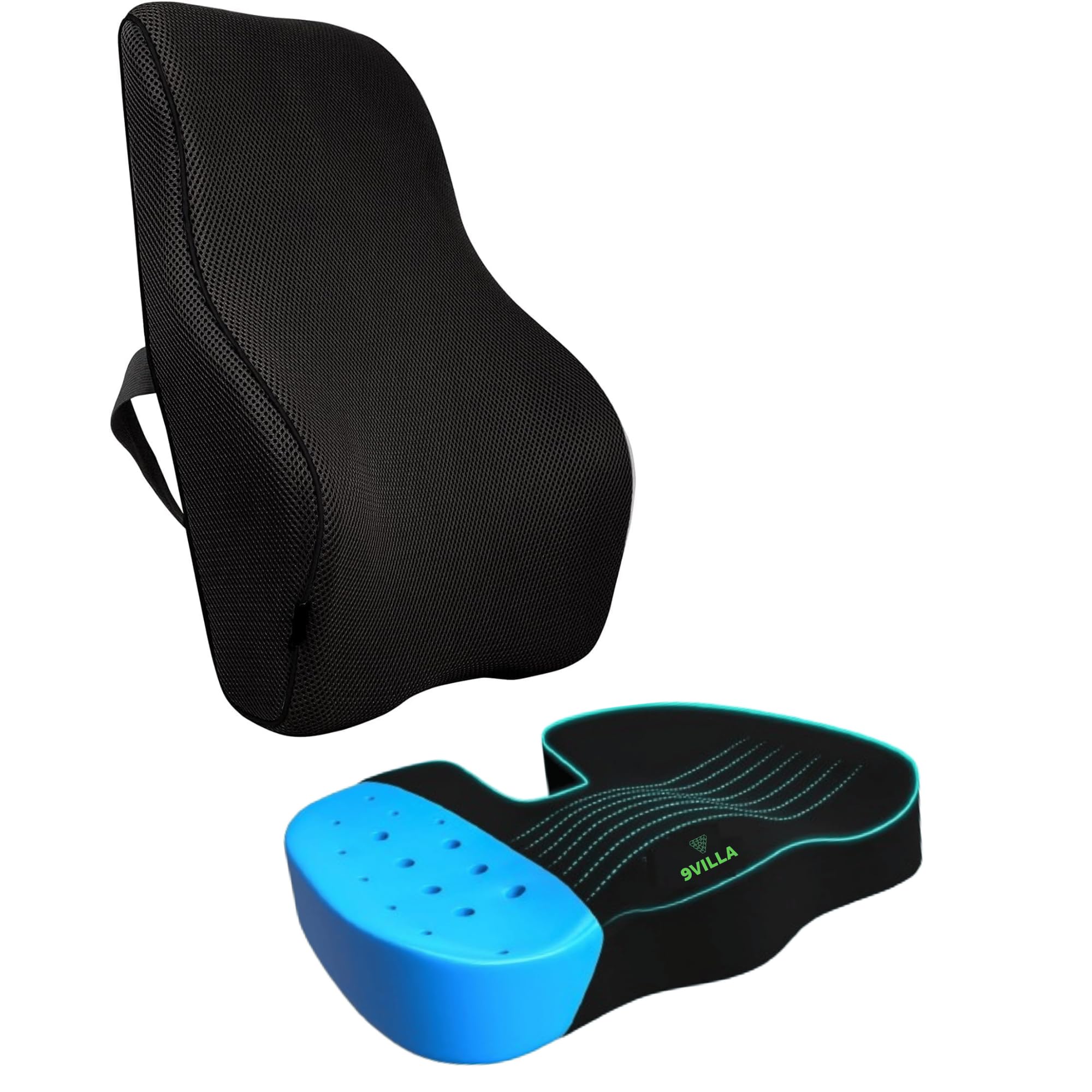 9villa Gel Memory Foam Seat Cushion & Lumbar Support Pillow Combo for Office Chair Car Wheelchair Orthopedic Chair Pad and Back Cushion with Adjustable Straps for Lower Back, Tailbone, Sciatica Relief