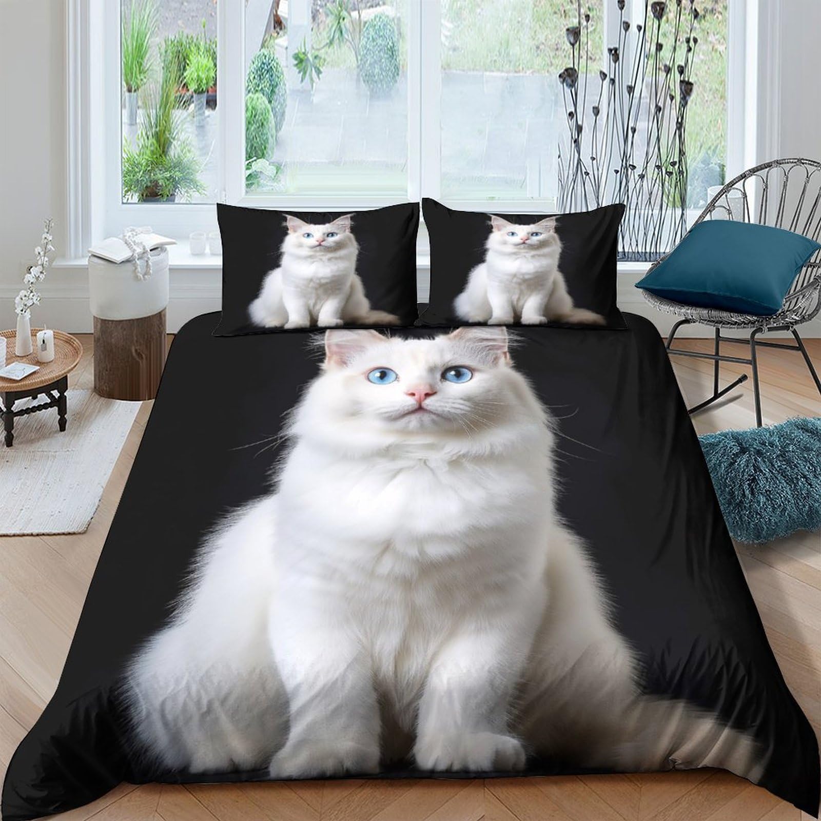 Ctjqhvkz Style-6 3D Printed White Cat Fitted Sheet Microfiber Soft Bedroom Decor Fluffy Kitten Bed Cover For Home Dorm Mattress Protection Single（135X200cm）
