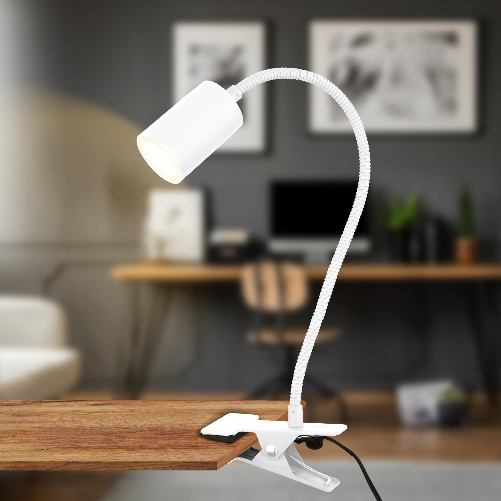 BRILONER - Lámpara de escritorio con interruptor de cable, color de luz blanco cálido, orientable, enchufe, lámpara de lectura, lámpara de pinza,lámpara de oficina, 40 cm de altura, blanco