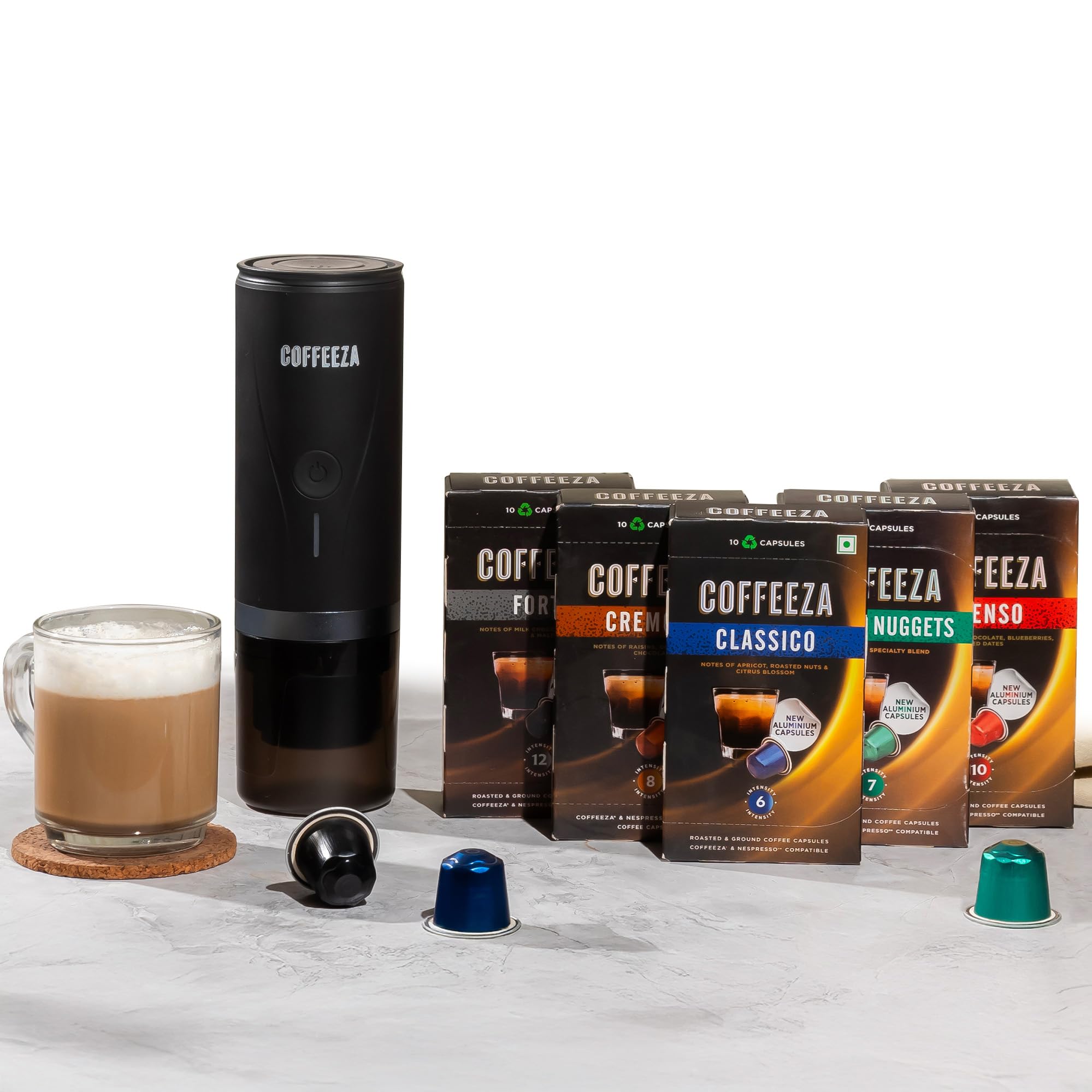 COFFEEZA Finero Mini Portable Espresso Machine & 50 Coffee Pods Gift Set | Travel Coffee Maker for Capsules & Grounds | Perfect for Home, Office & Camping