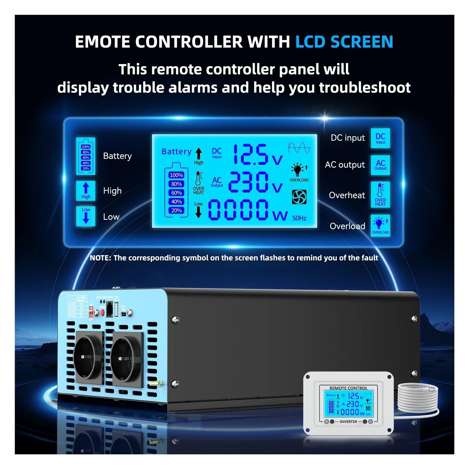 Inversor Inversor Onda Sinusoidal Pura 2500 W Potencia Máxima Continua 5000 W CC 12 V A CA 230 V 50 Hz Enchufe Europeo LCD Portátil Accesorios para Coche.