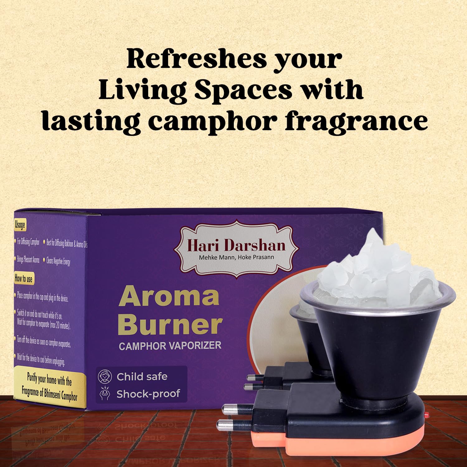 Hari Darshan Electric Aroma Burner with 50g Bhimseni Camphor | Kapoor Dani Camphor Diffuser for Home | Room Freshener | Oil Diffuser | Aromatherapy Vaporizer | Electric Fragrance Diffuser - Image 4 thumbnail