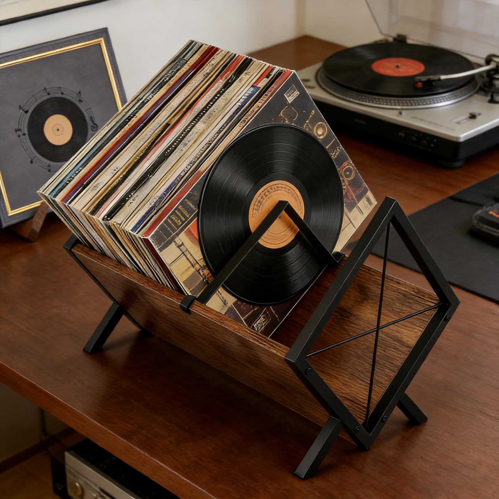 BigKing Estantería Vinilos y Exposición, Soporte para Discos de Vinilo con Divisor Ajustable, Fácil de Montar, Metal y Madera, Organizador Vinilos para LP Vinilo CD, Álbumes