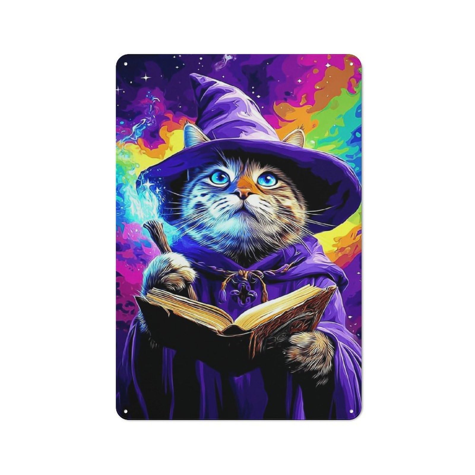 Junmoney Wizard Cat With Spellbook -1 30X20cm Retro Metal Plaque With For Kitchen Or Home Bar, For Garage, Workshop And Man Cave Decoration