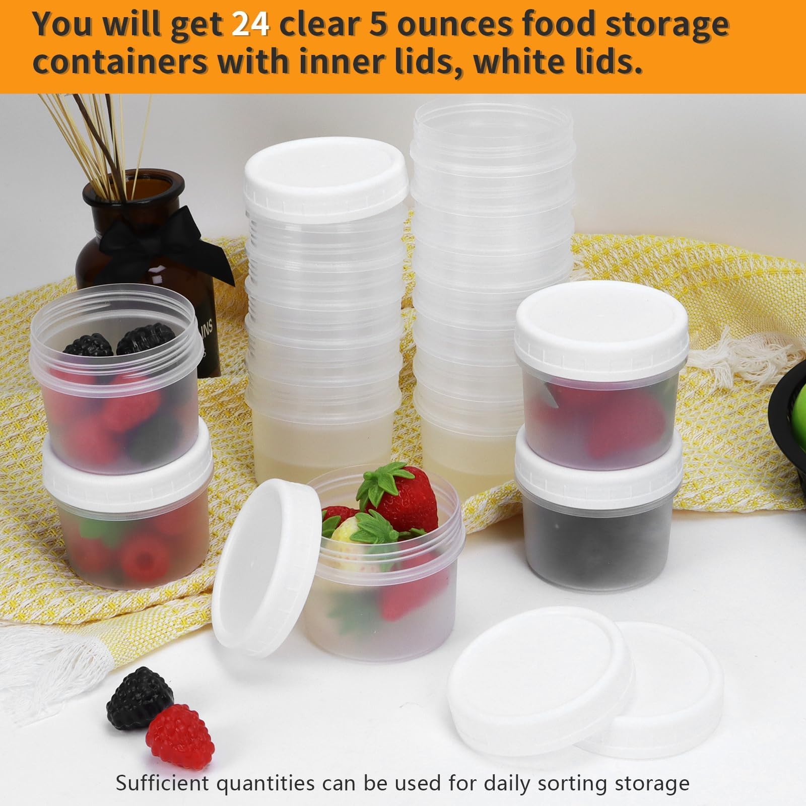 Confezione da 24 barattoli per alimenti da 160 ml, con coperchi a vite, piccoli barattoli refrigerati riutilizzabili, in plastica, per congelatore, torte, marmellate, gelati
