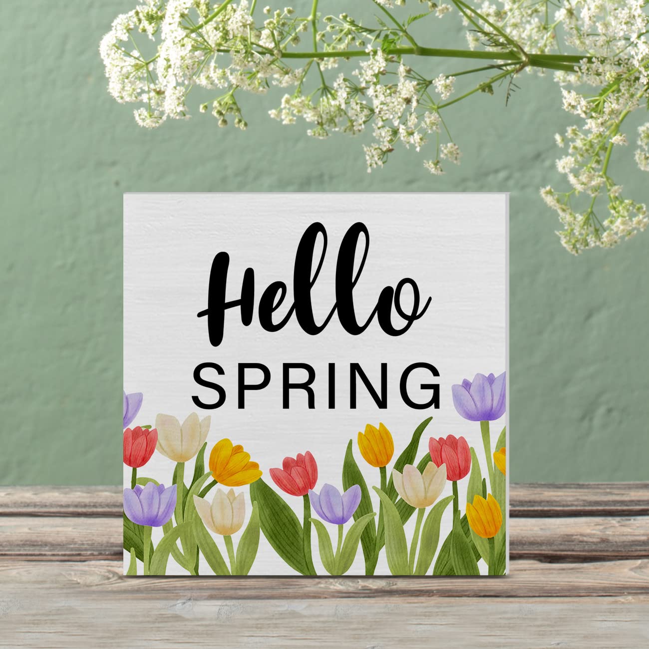Snapklik.com : Floral Tulips Hello Spring Wooden Box Sign Farmhouse ...