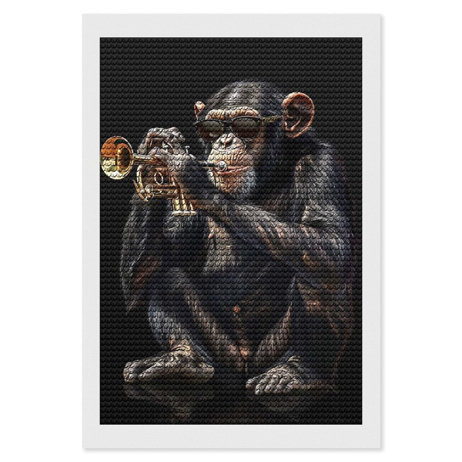 Junmoney Chimpanzee Trumpet Diamond Painting Set 8"x12", Full Kit Included, Sparkling Round Gems, Farmhouse Decor, Festive Craft Gift