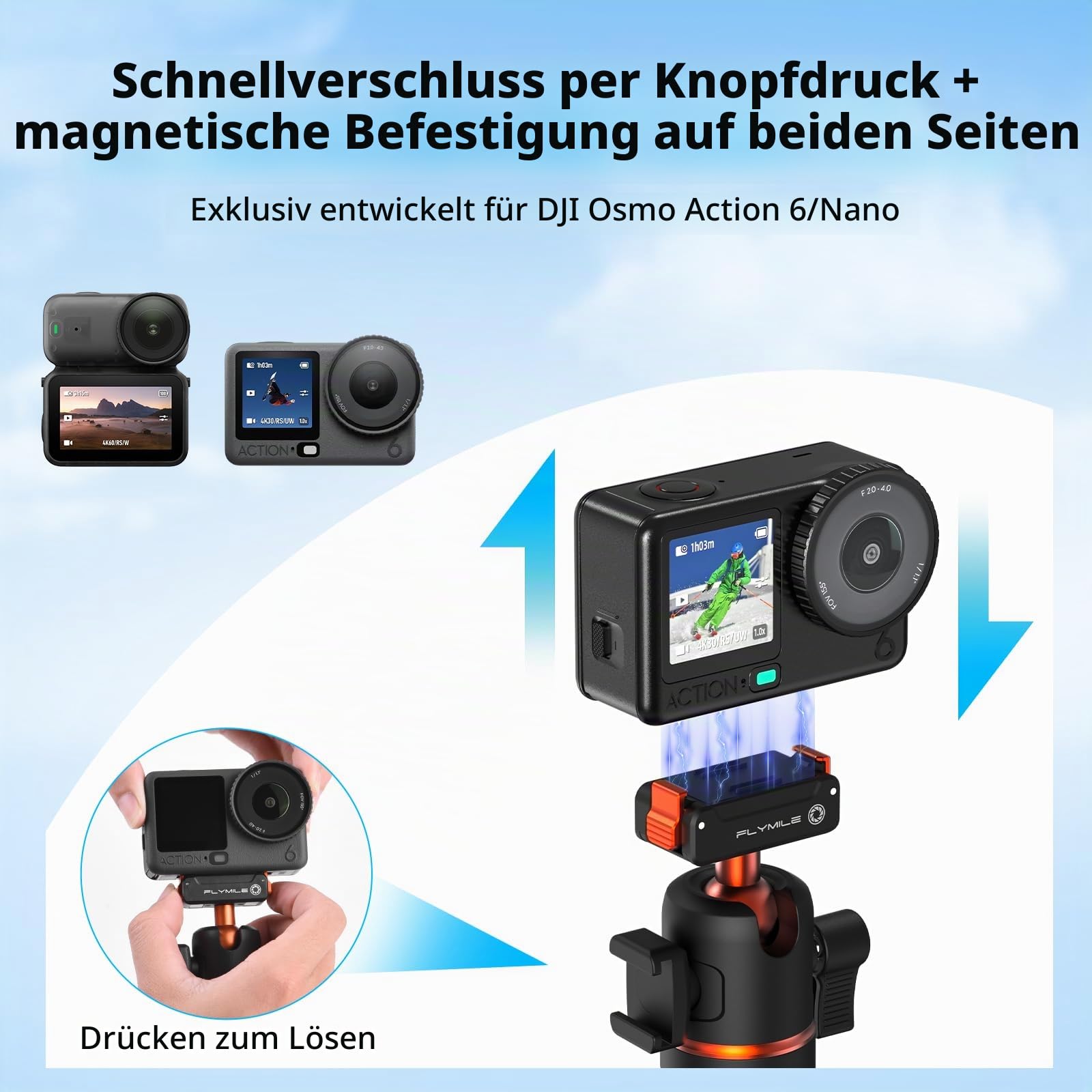 54cm Selfie Stick Stativ für DJI Osmo Action 6/Nano, Magnetische Schnellverschluss Selfie-Stick Ausziehbares Kamerastativ mit 360°-Kugelkopf & Kaltschuhhalterung Zubehör