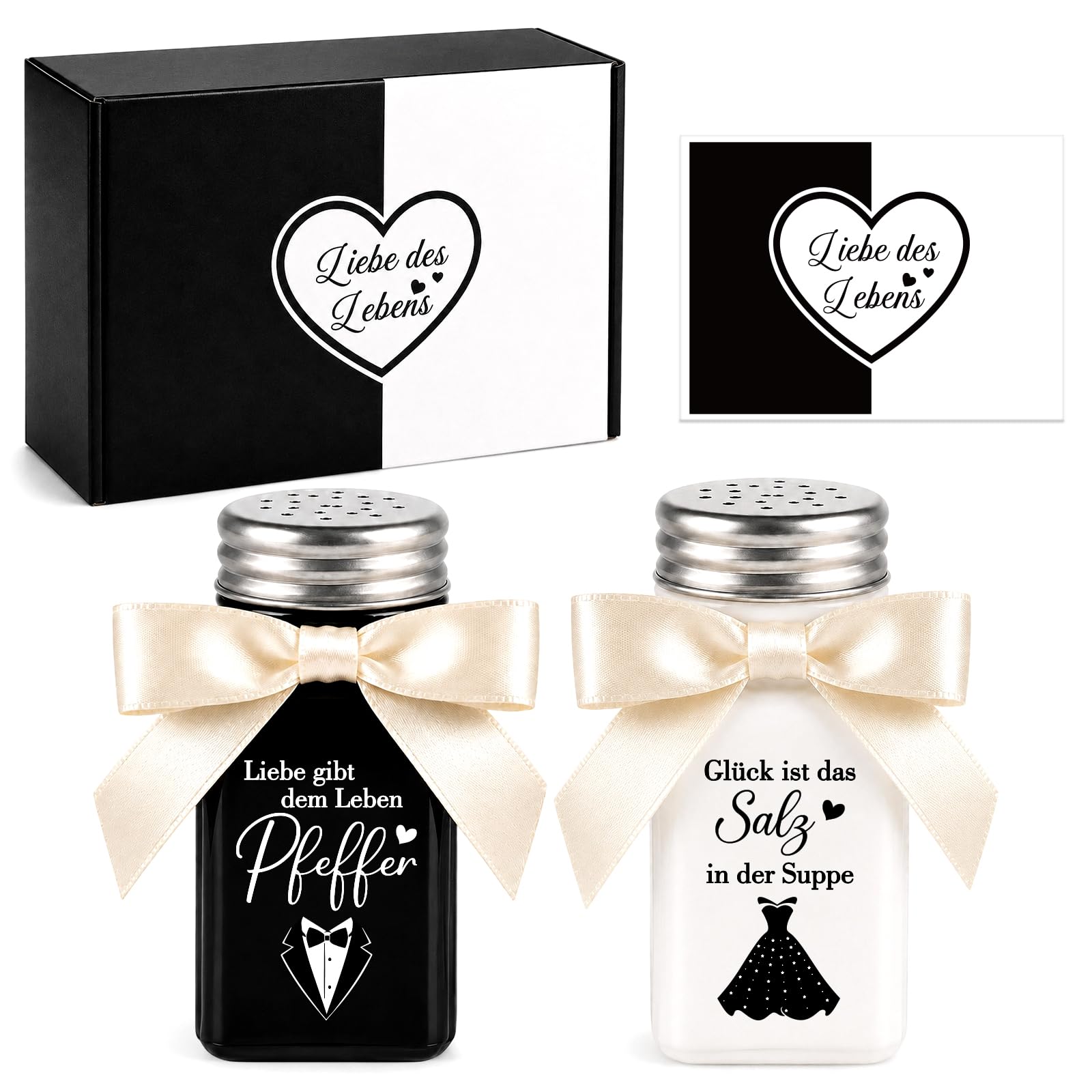 TUZELIYA Hochzeitsgeschenk für Brautpaar, Salz und Pfefferstreuer Set | Schwarz-Weiß Streuer aus Glas mit Grußkarte für Braut und Bräutigam - Verlobungsgeschenk Paar Jahrestag Geschenk Küchen Deko