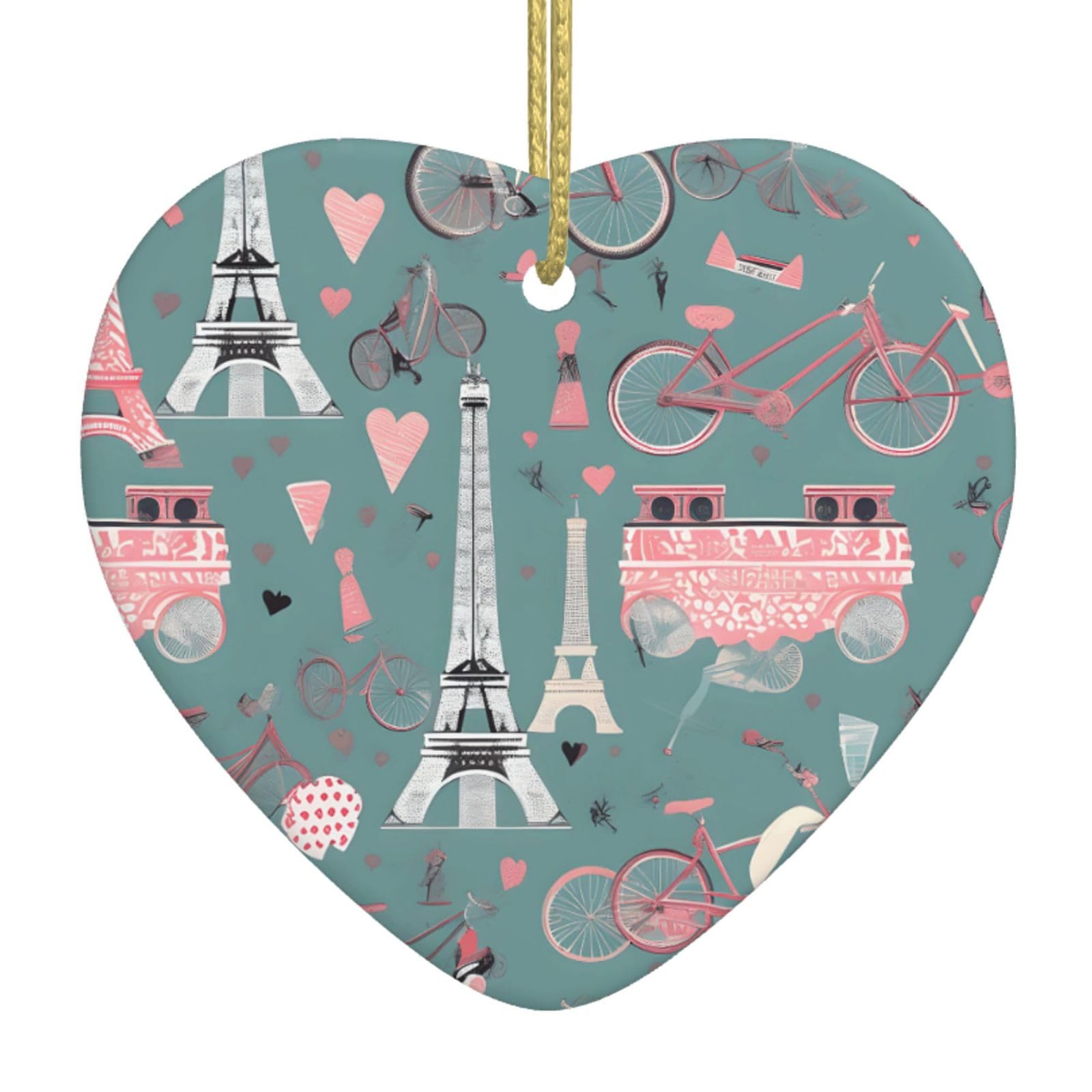 Nbtghga White Romantic Paris Eiffel Tower Bycicle Print Christmas Ornaments, Ceramic Hanging Ornament, Xmas Tree Decoration, Holiday Home Decor