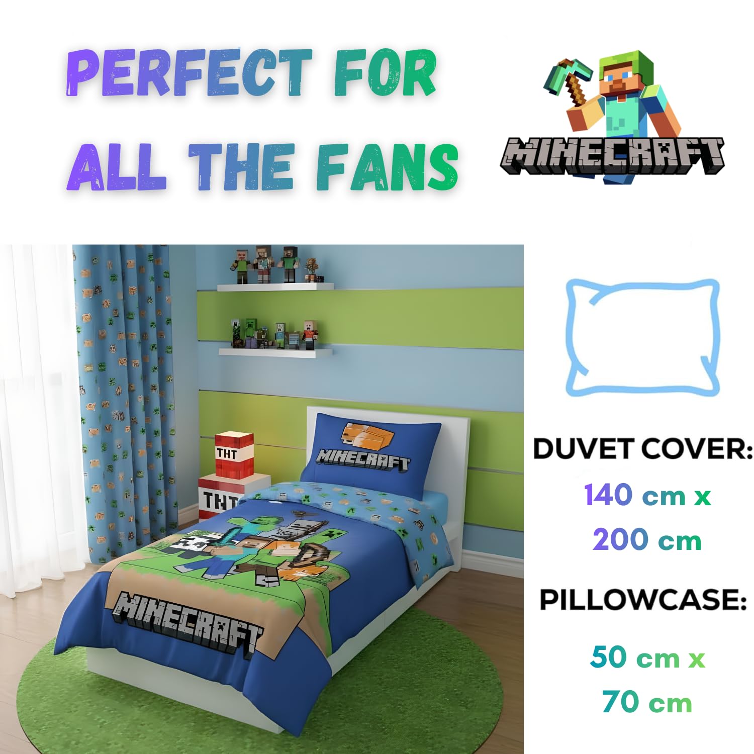 Minecraft Pościel dla dzieci, poszwa na kołdrę 140 x 200 cm i poszewka na poduszkę 50 x 70 cm, 100% bawełna, miękka, oddychająca i dwustronna, wzór Minecraft "Ready to Survive"