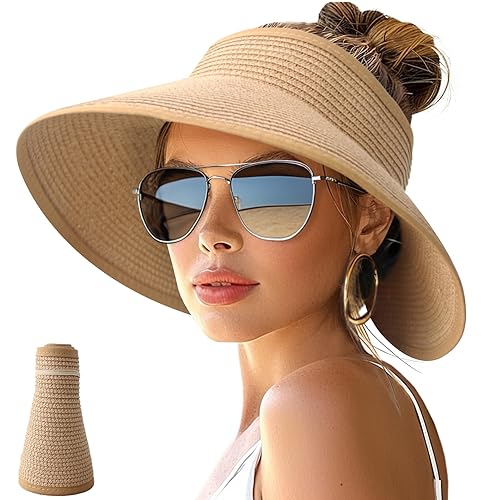 NPJY Sun Hats for Women Wide Brim Roll-Up Beach Ponytail