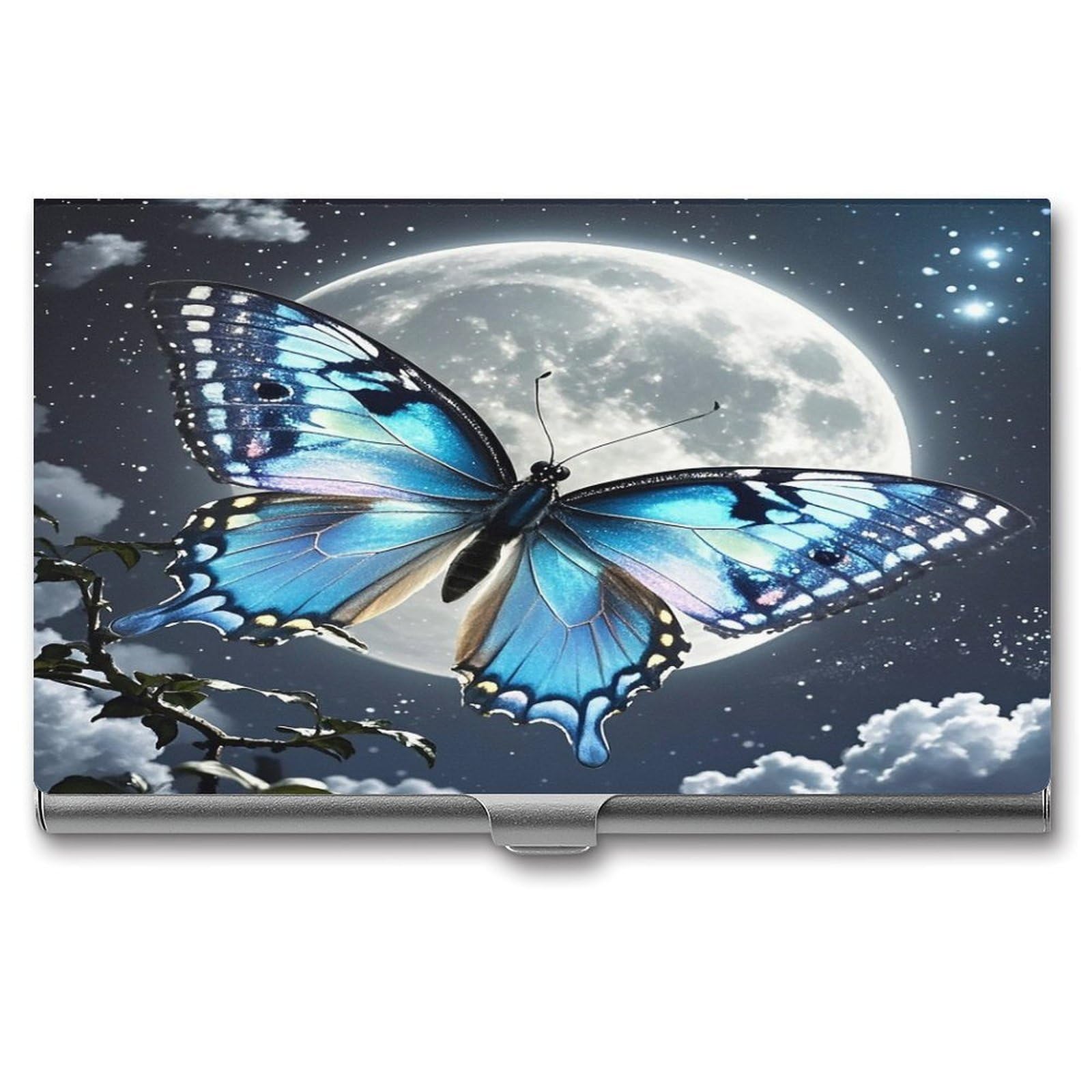 FekiLoot Blue Butterfly And Moon Business Card Holder Aluminum Alloy Business Card Case Convenient to Carry Business Card Dispenser for Men Women