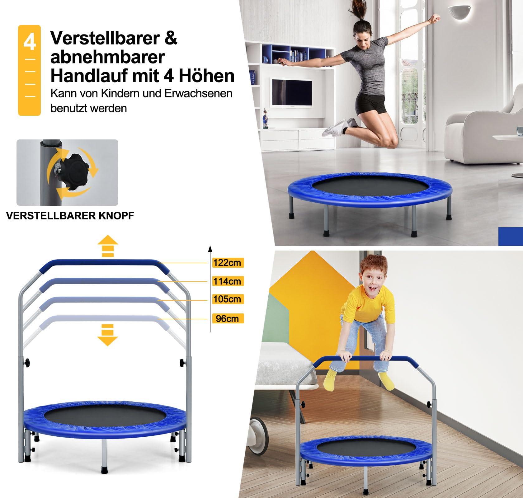 Kindertrampoline 101 Cm - Opvouwbaar Met Verstelbare Handgreep & Zuignappen Voor Binnen En Buiten