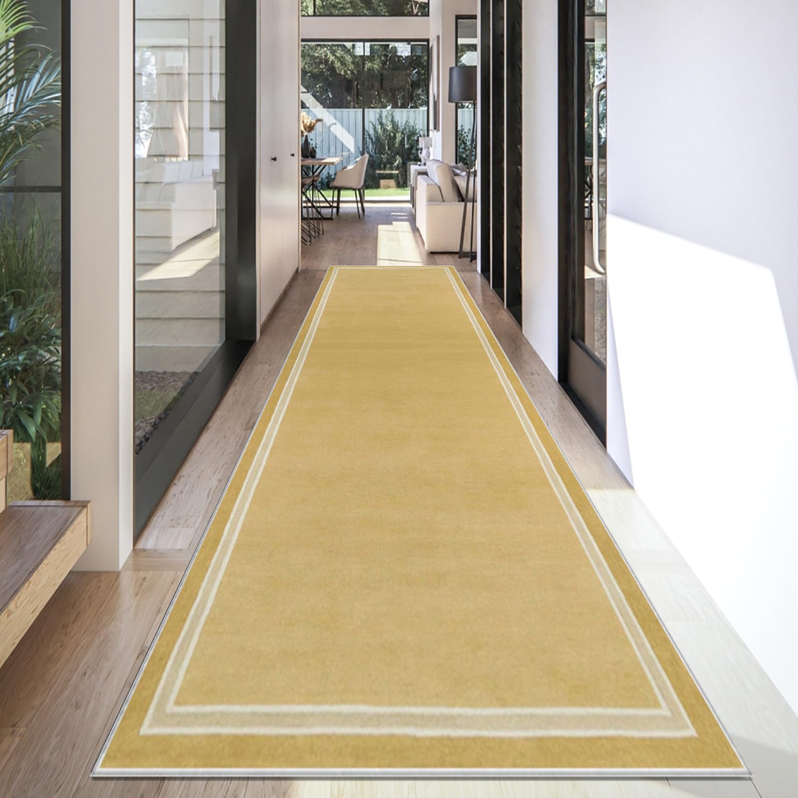 Long Runner Rugs for Hallways Non Slip Yellow Hallway Runner 120 x 450 cm Washable Carpet Runner for Kitchen, Heavy Duty Hall Runner Door Mat Absorbent Area Rug Low Pile Floor Carpet for Kitchen