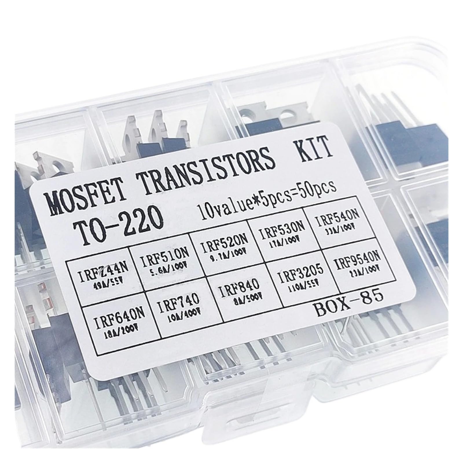 Kit MOSFET 50PCS TO-220 10 valores | Surtido de transistores de potencia IRFZ44N IRF540N IRF3205 IRF640N