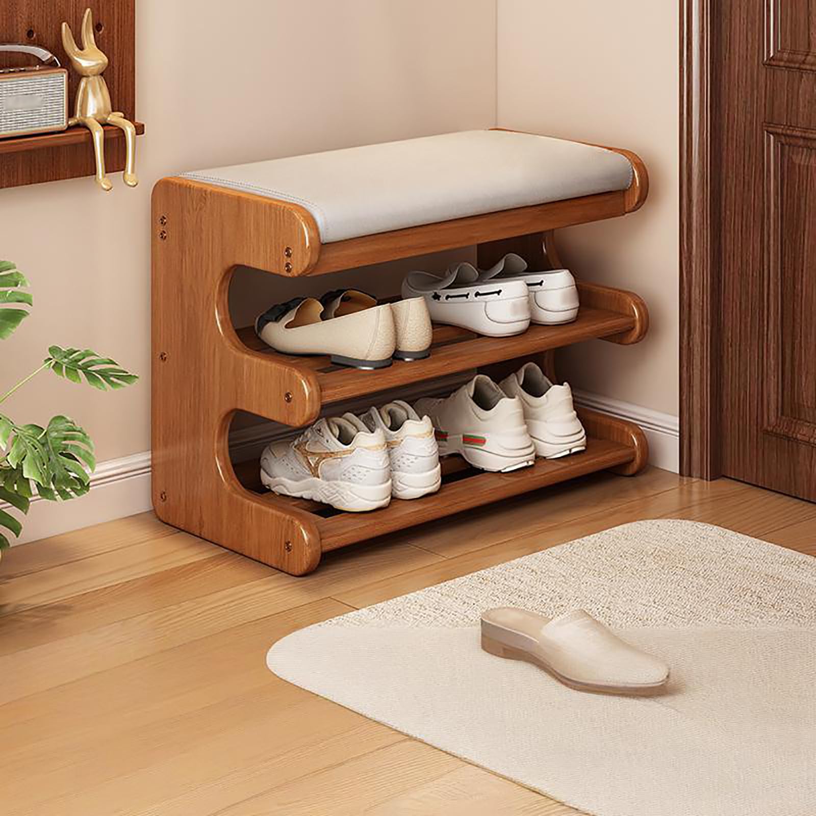 Banc à chaussures en bambou pour organiser les entrées encombrées avec pouf capitonné gris