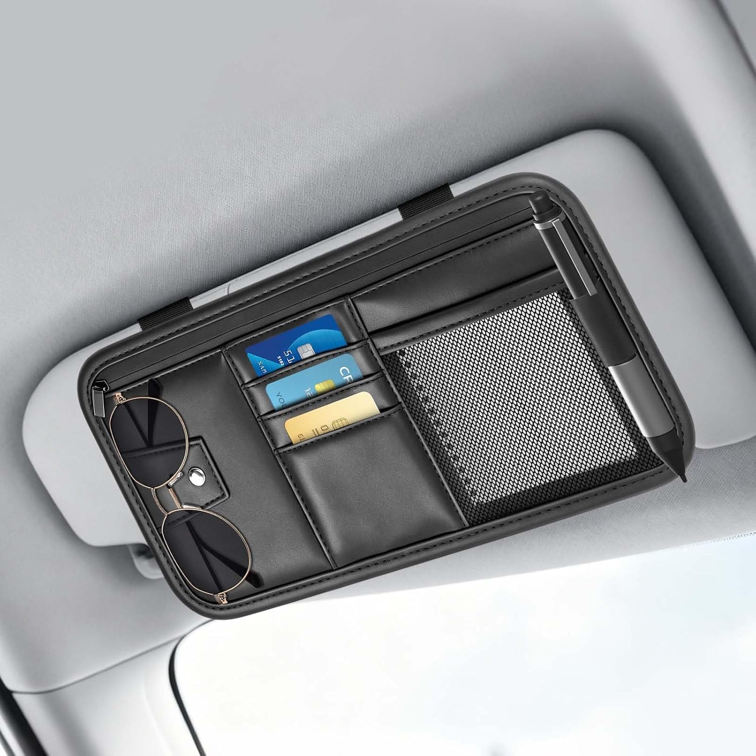 VAPORVERSE Car Sun Visor Organizer for Skoda KAMIQ | oberer Ladeboden | 2019-2025, Multifunctional Auto Visor Storage Bag with Net Pocket & Eyeglass Clamp, Glasses Clip,black
