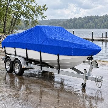 MSC Heavy Duty Waterproof Boat Cover, Trailerable Oxford Polyester Cover for V-Hull, Tri-Hull, Runabout, Fishing and Bass Boats Model E - Length20-22 Beam Width up to 100", Pacific Blue