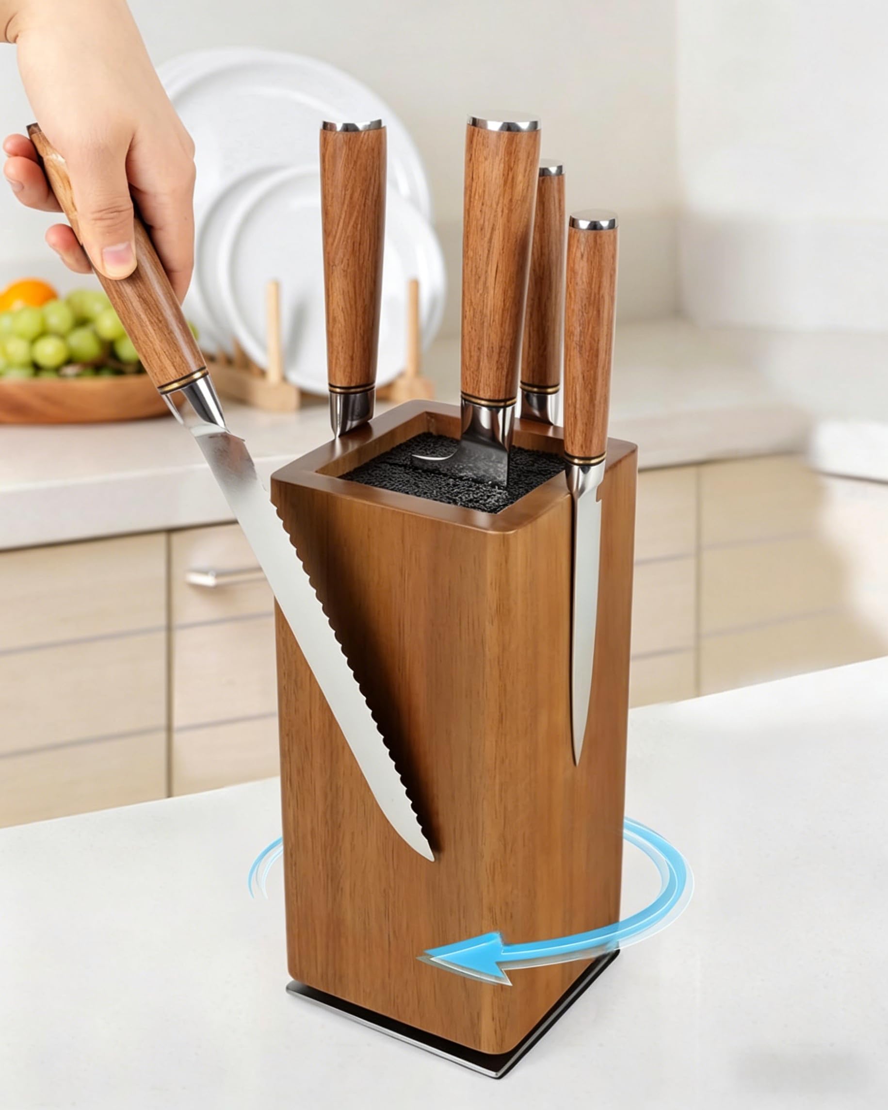 Ceppo magnetico per coltelli, girevole a 360°, universale, in legno, con quattro magneti laterali ultra forti, scaffale per coltelli con setole rimovibili, portaoggetti multifunzionale per