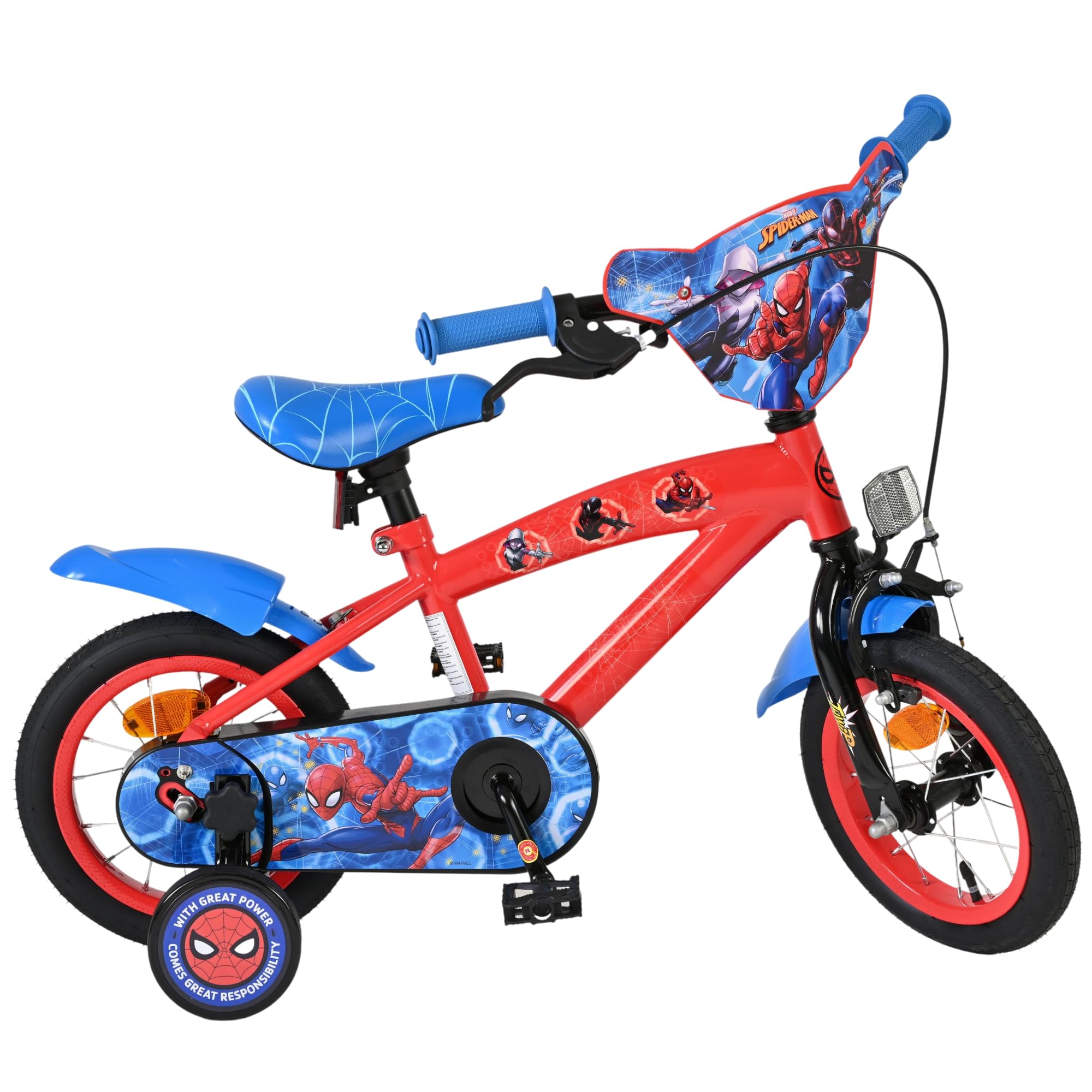 Volare Spider-Man Kinderfahrrad 14 Zoll | 3,5–5 Jahre | Hand- & Rücktrittbremse, Stützräder, Kettenschutz, Reflektoren | Verstellbarer Sattel | Geschenk für Jungen & Mädchen