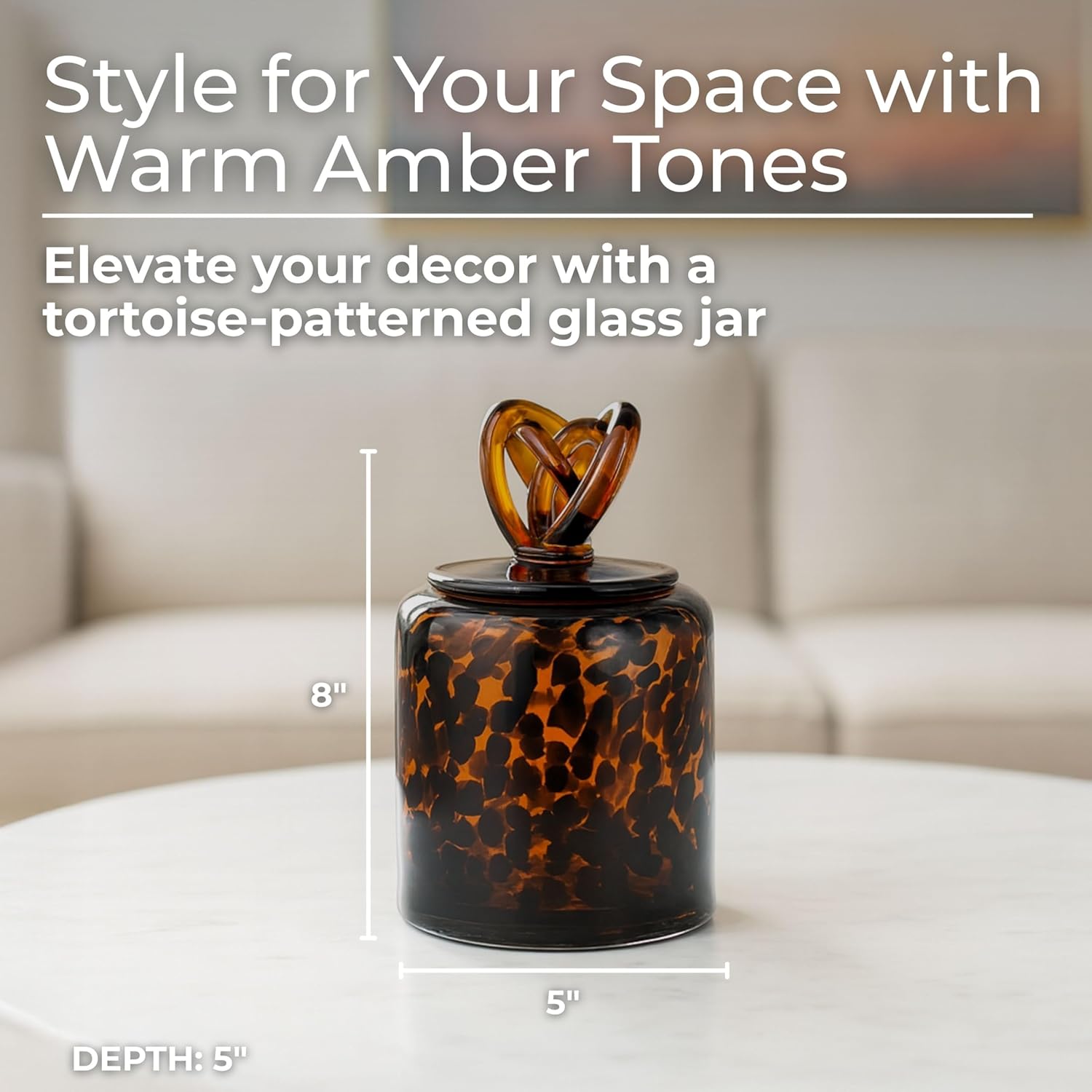 Amber Decorative Vase with Lid – Tortoise Patterned Glass Decorative Vases for Home Decor – Modern Centerpiece Flower Vases for Living Room, Bedroom & Office – 8", Orange
