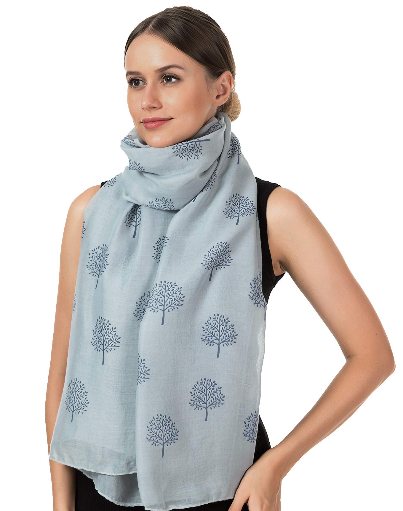 World of Shawls Mulberry Tree Scarf Shawl Wrap Soft Warm (Silver With Navy Tree)