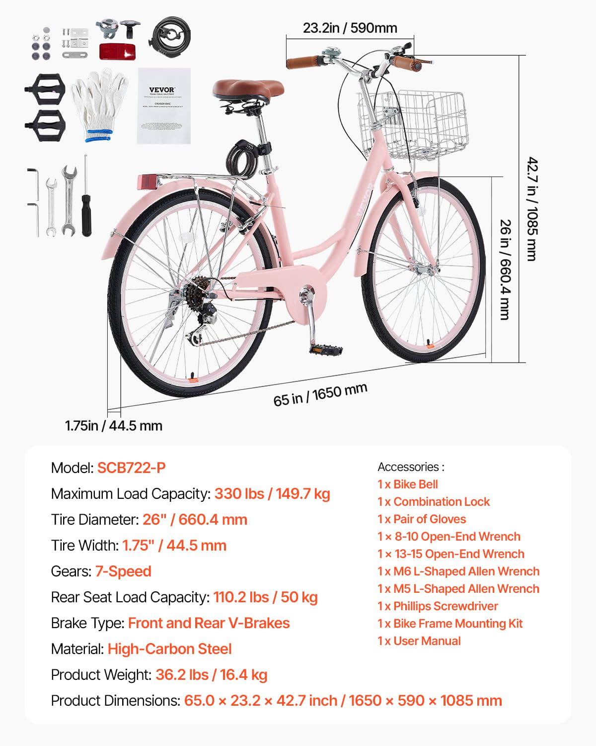 VEVOR Cruiser - Bicicleta de playa con 7 velocidades (diámetro del neumático 660,4 mm) con cesta grande y portaequipajes, bicicleta cruiser con asiento ajustable, para ciclismo, entrenamiento y