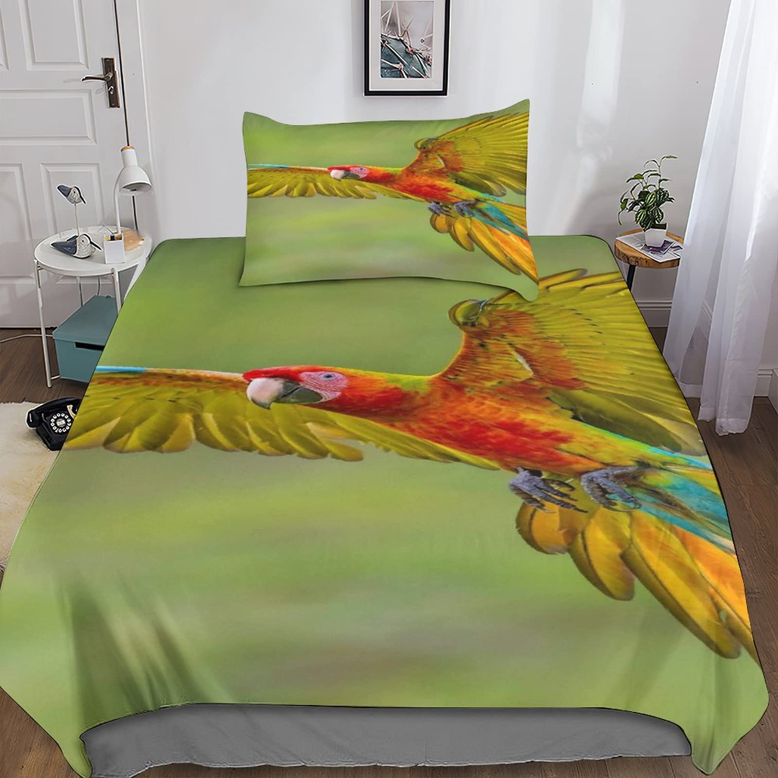 Parure de lit perroquet en microfibre avec housse de couette 135x200 et taie pour lit simple