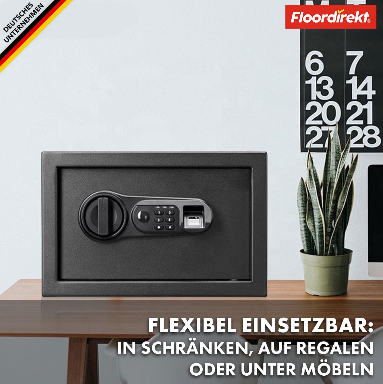 Floordirekt Cassaforte Catoca 25 x 35 x 25 cm - Cassaforte per mobili con impronte digitali e serratura a combinazione, piccola cassaforte da parete per casa, cassaforte con chiave