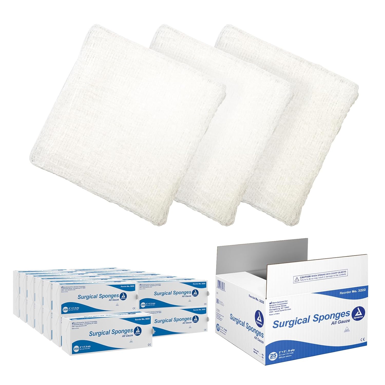 Dynarex Surgical Gauze Sponges- Absorbent Cotton Fabric with Folded Edges - Soft, Durable, Non-Sterile Dressing - 2x2, 8-Ply - 200 Sponges Per Sleeve, Case of 25 Sleeves