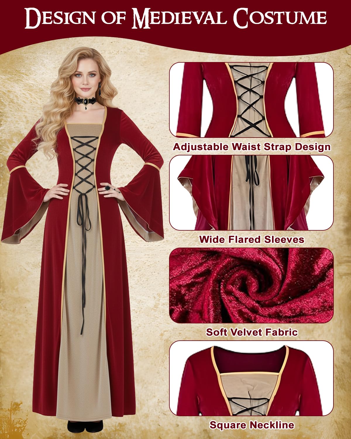 Mittelalter Kleidung Damen, Samtkleid Damen mit Halskette Ohrringe, Renaissance Kleid, Samtkleid Rot, Mittelalter Kostüm mit Glockenärmeln, Karneval Kostüm für Halloween Cosplay Party