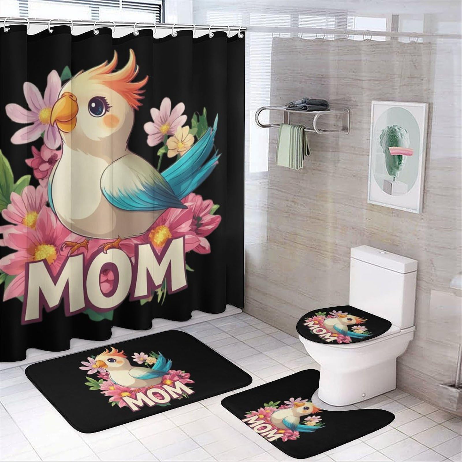 CGSBNGHA Cockatiel-Mom-Bird Parrot Shower Curtain Set 4 Piece Bathroom Sets with Rugs Toilet Lid Cover And U-Shaped Floor Mat