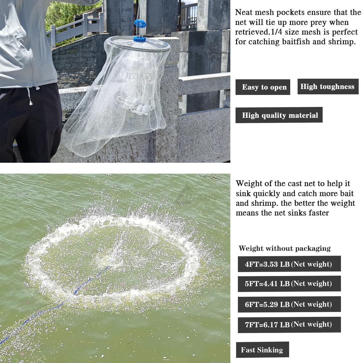 Drasry Fishing Cast Net with Aluminum Ring 3/8 or 1/2 Mesh for Saltwater Freshwater Bait Shrimp Trap Fish Throw Net Heavy Duty Sinker. Size 4FT/5FT/6FT/7FT Radius