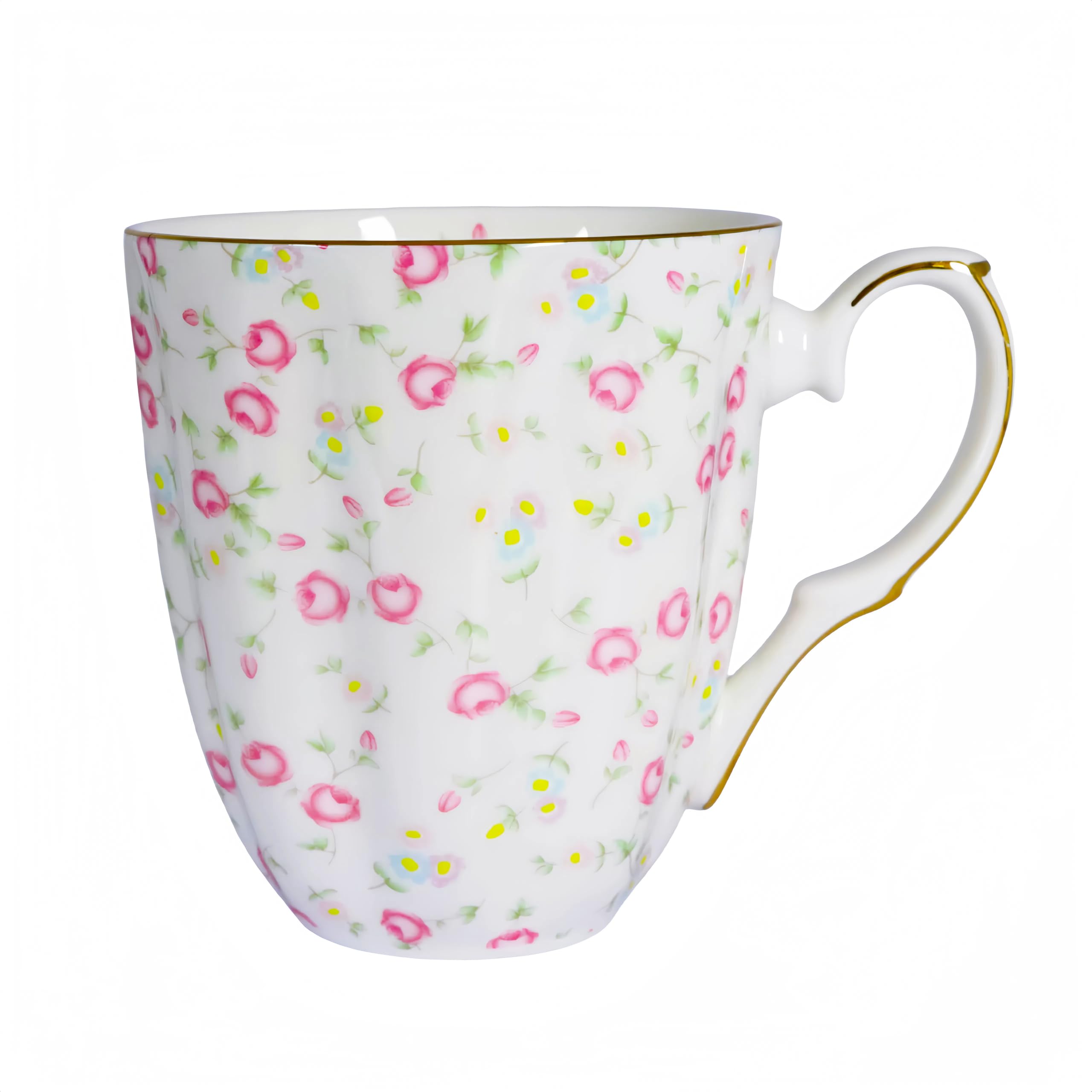 Yaparhill 14oz Bone China Coffee Mug Floral Bone Mug Cute Coffee Mug Teacup for Women Mom Friend (pink rose)