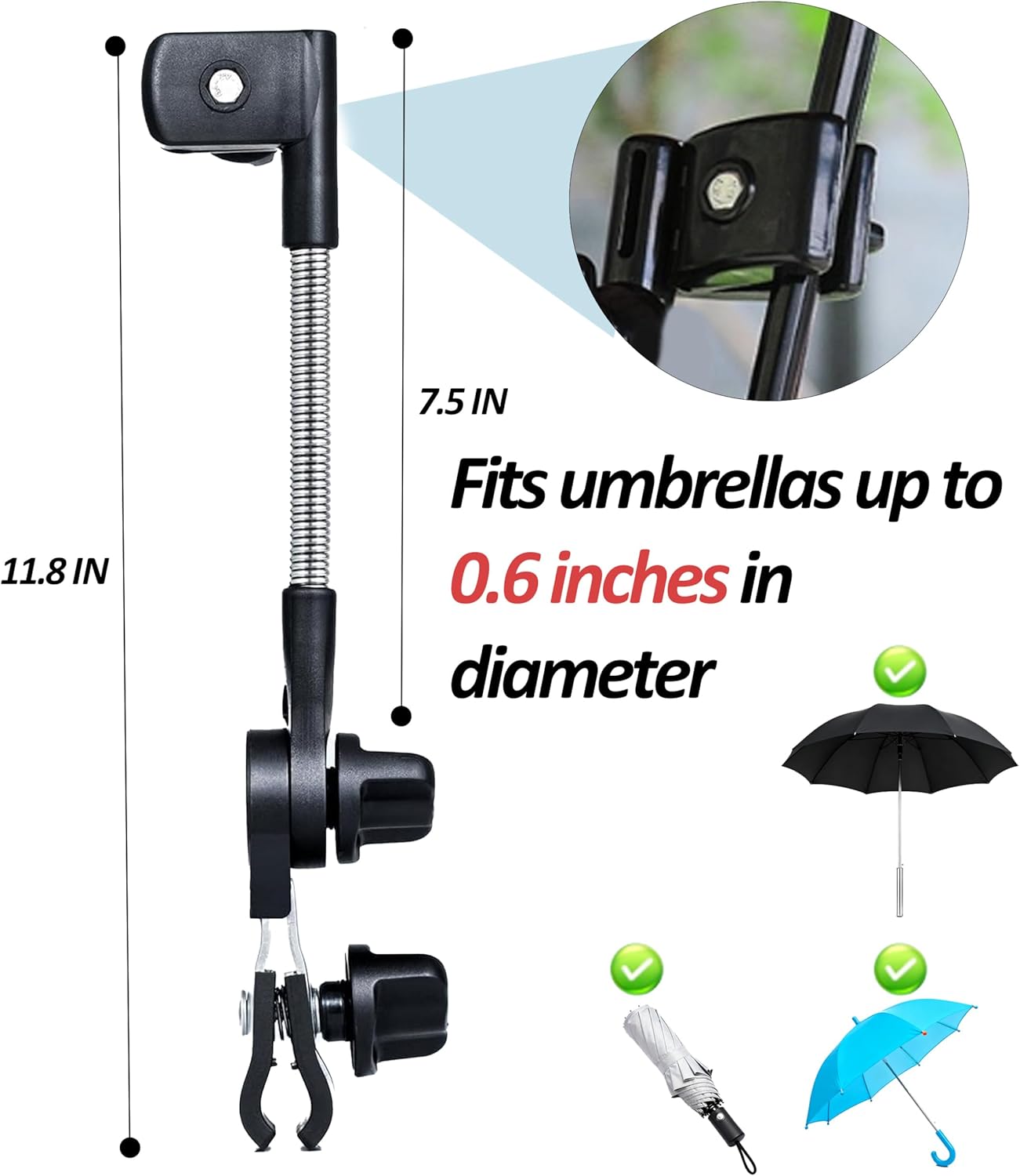 Universal 360° Adjustable Chair Umbrella with Clamp, Umbrella Holder for Stroller, Beach Chair, Wheelchair & Golf Cart - No Tools Needed, Sun & Rain Protection - Image 5
