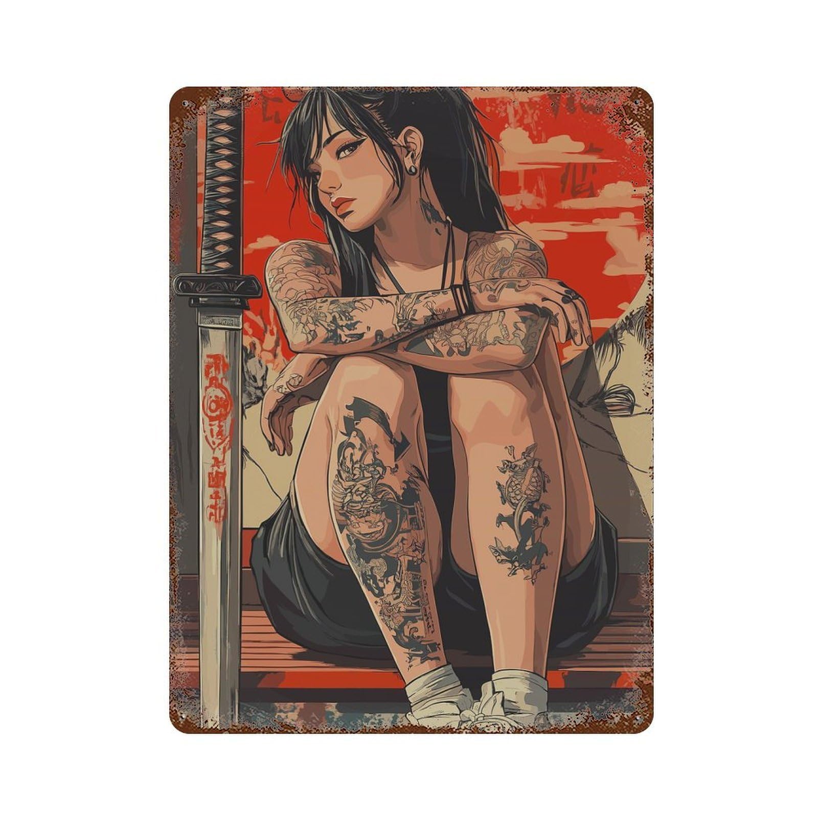 Garage Style Tattooed Woman with Katana Distressed Metal Wall Sign 15.7"x11.8", Vintage Wall Decor for Bar And Workshop