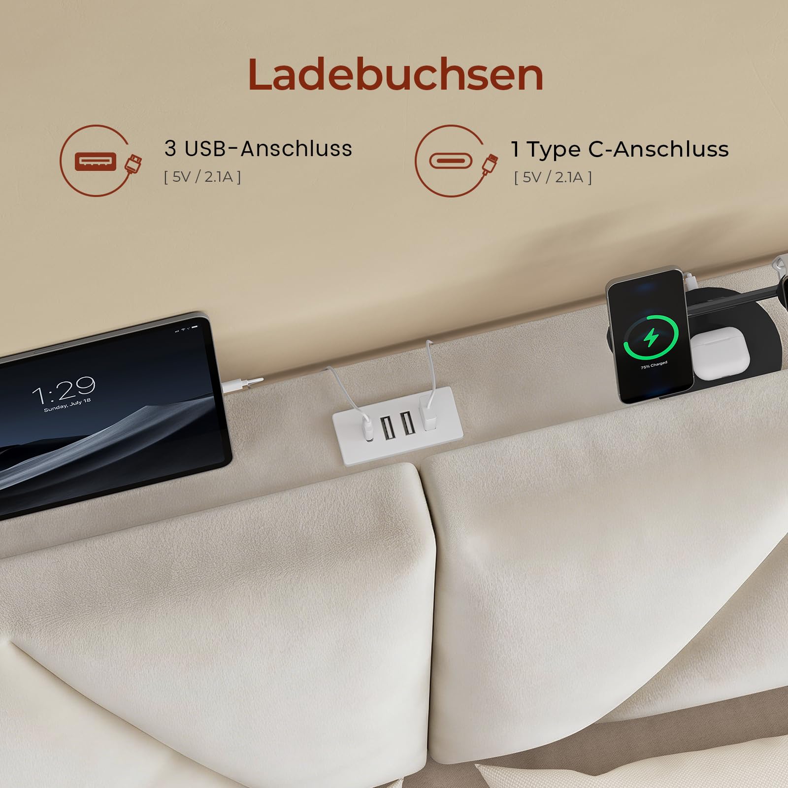 KIMENICH Bett 140x200, Samt Bett mit 4 Schubladen, Doppelbettgestell mit Steckdose & LED-Lichtband, 3-stufig höhenverstellbares Kopfteil, Schlafzimmer Stauraumbett, Beige Samt