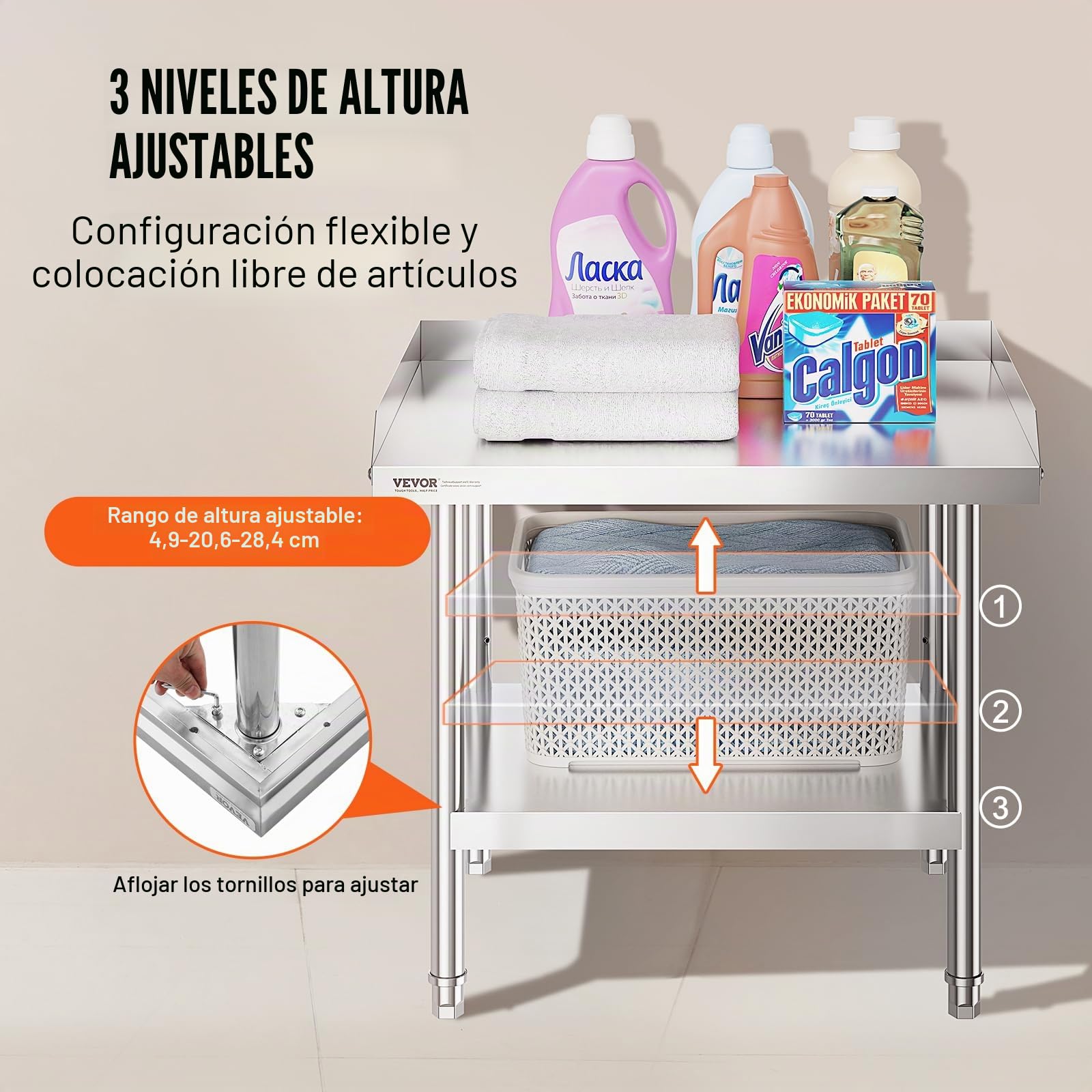 VEVOR Mesa de Trabajo de Acero Inoxidable Mesa de Trabajo Comercial para Preparación de Alimentos Protector contra Salpicaduras de 3 Lados 610 x 711 x 660 mm Altura Ajustable para Restaurantes