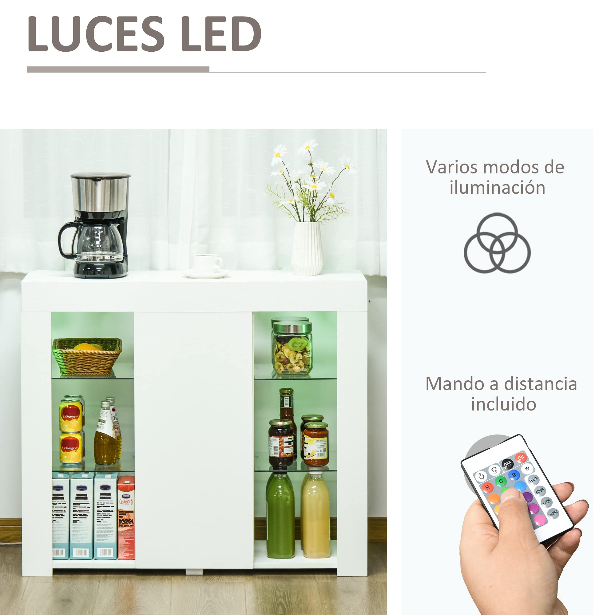 HOMCOM Aparador Moderno con Luces LED Mueble Buffet con 1 Puerta de Alto Brillo Cierre a Presión Estantes Ajustables y Control Remoto 97x35x83 cm Blanco