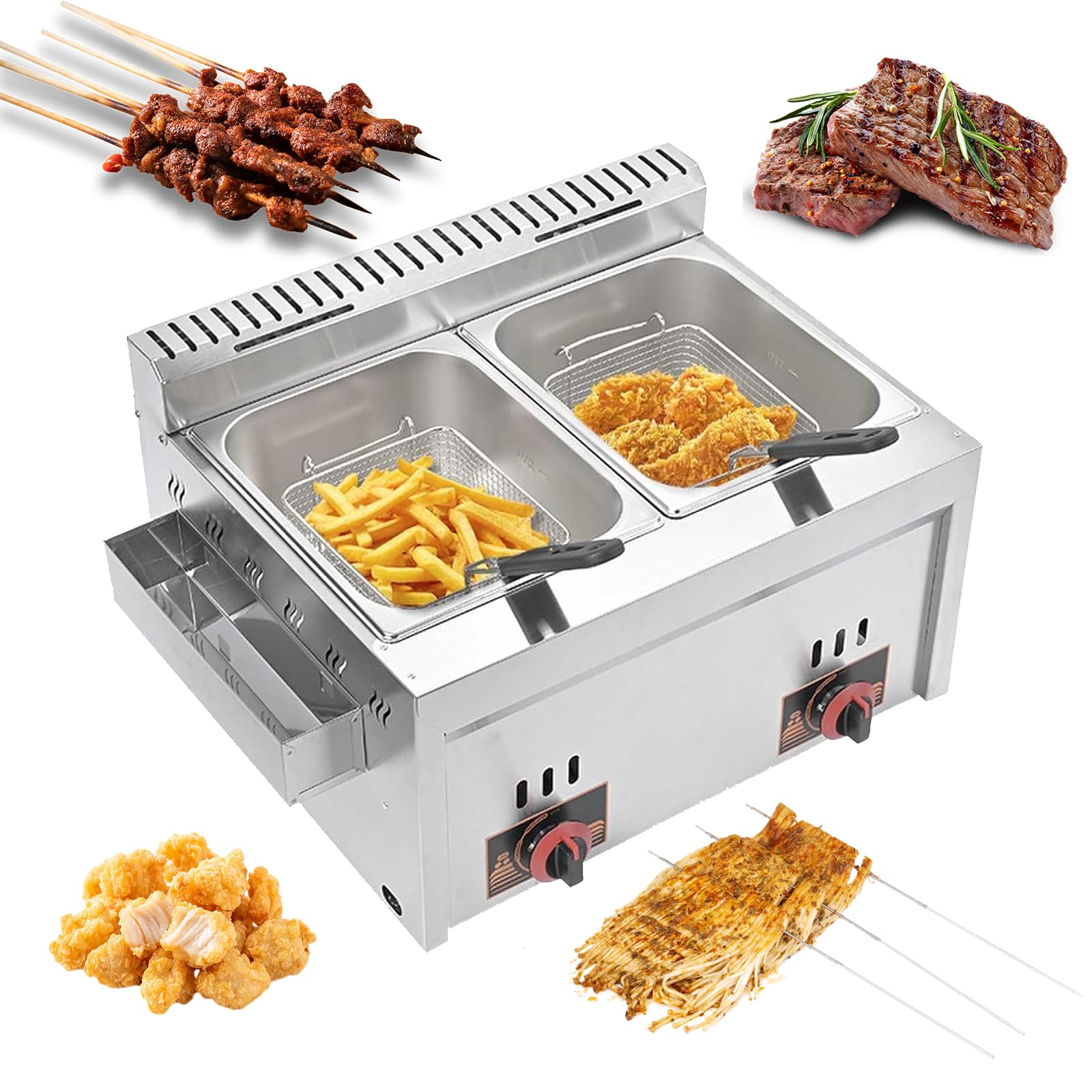Freidora de gas de acero inoxidable con doble depósito y cabezal de freidora giratoria, freidora de aceite de encimera con copas de patatas fritas, 20 litros de volumen, freidora doble para cocina,