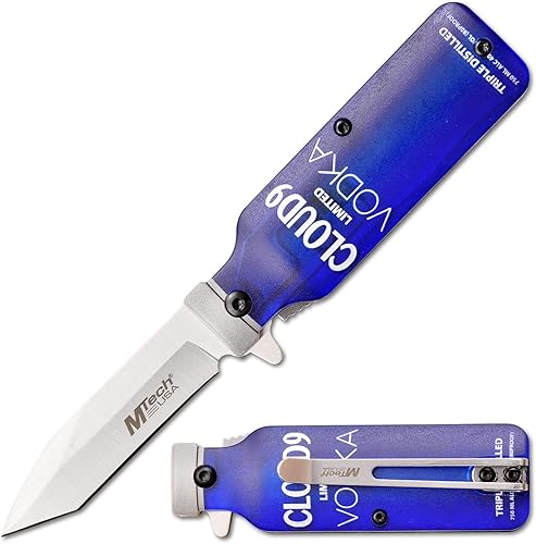 MTECH USA Cuchillo plegable - Se coloca en posición vertical - Cuchillo para botella de vodka - Hoja de acero inoxidable satinado con mango ABS en