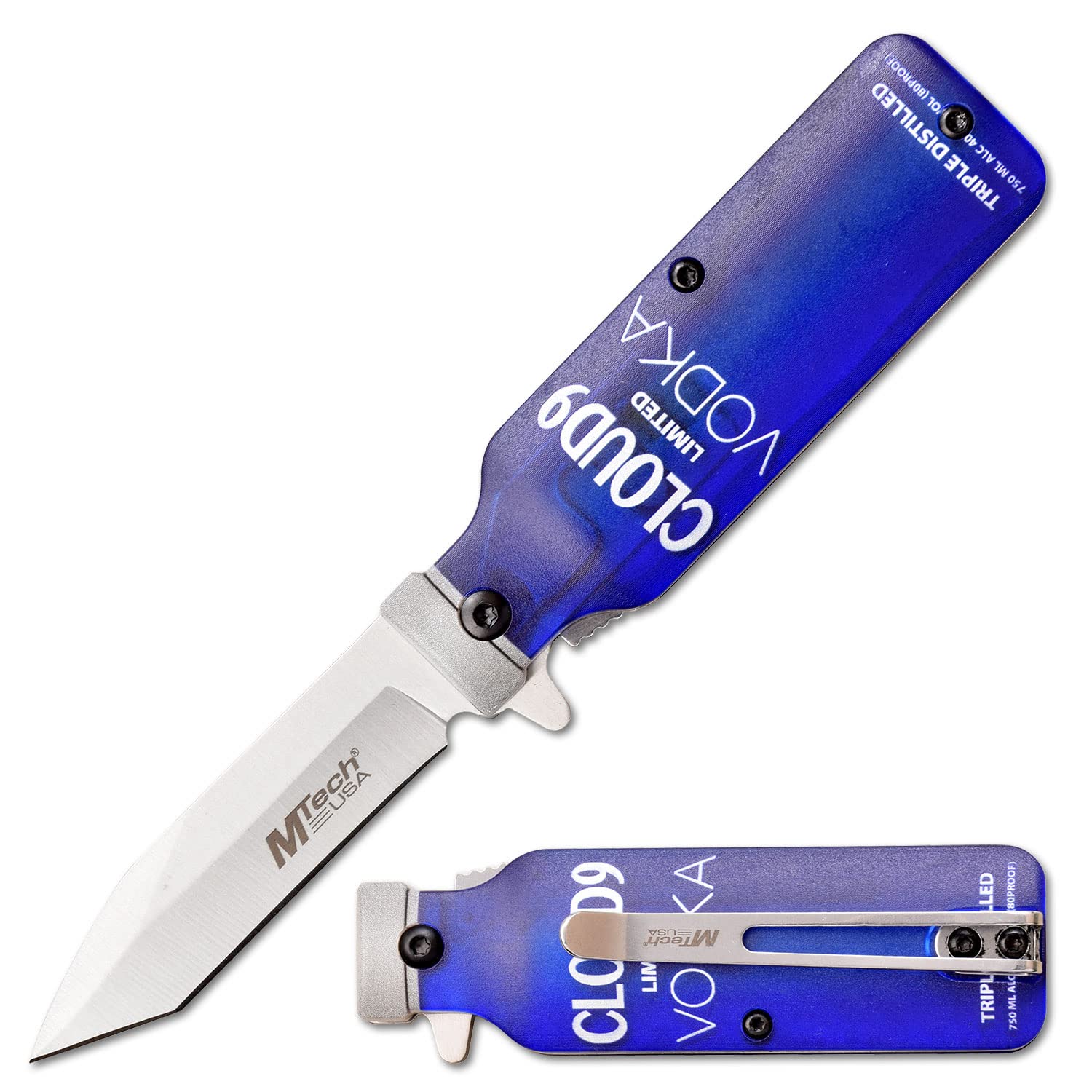 MTECH USA Folding Knife Stands Upright Vodka Bottle Knife - Satin Stainless Steel Blade w ABS Handle Shaped