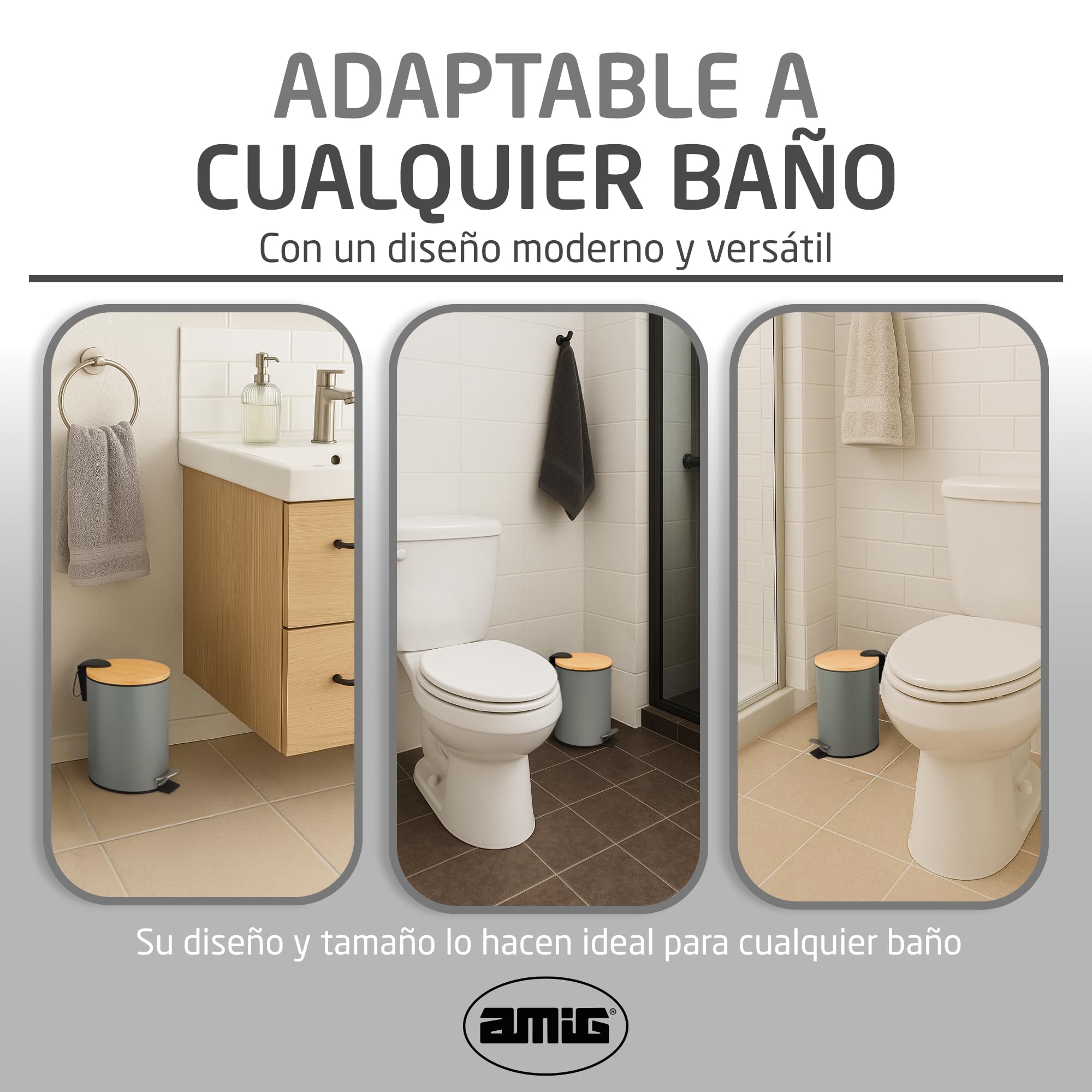 Amig Cubo Basura Baño Pedal 3 Litros Naturline Gris Bambú Acero Inoxidable Lacado 16,8x23 cm